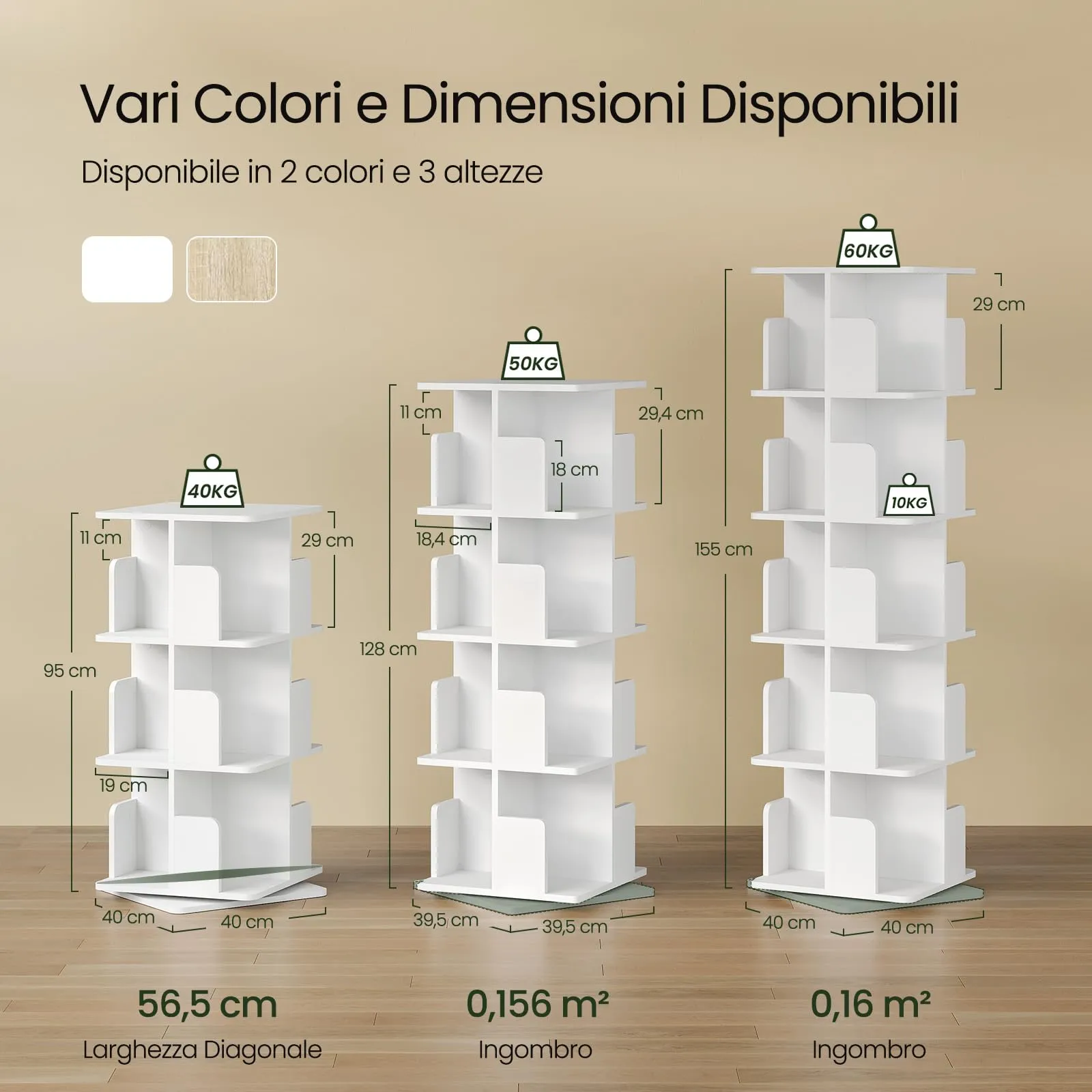 EUGAD Libreria Girevole a 3 Livelli con 12 Scomparti, 40x40x94,5 cm, Bianco - immagine 8