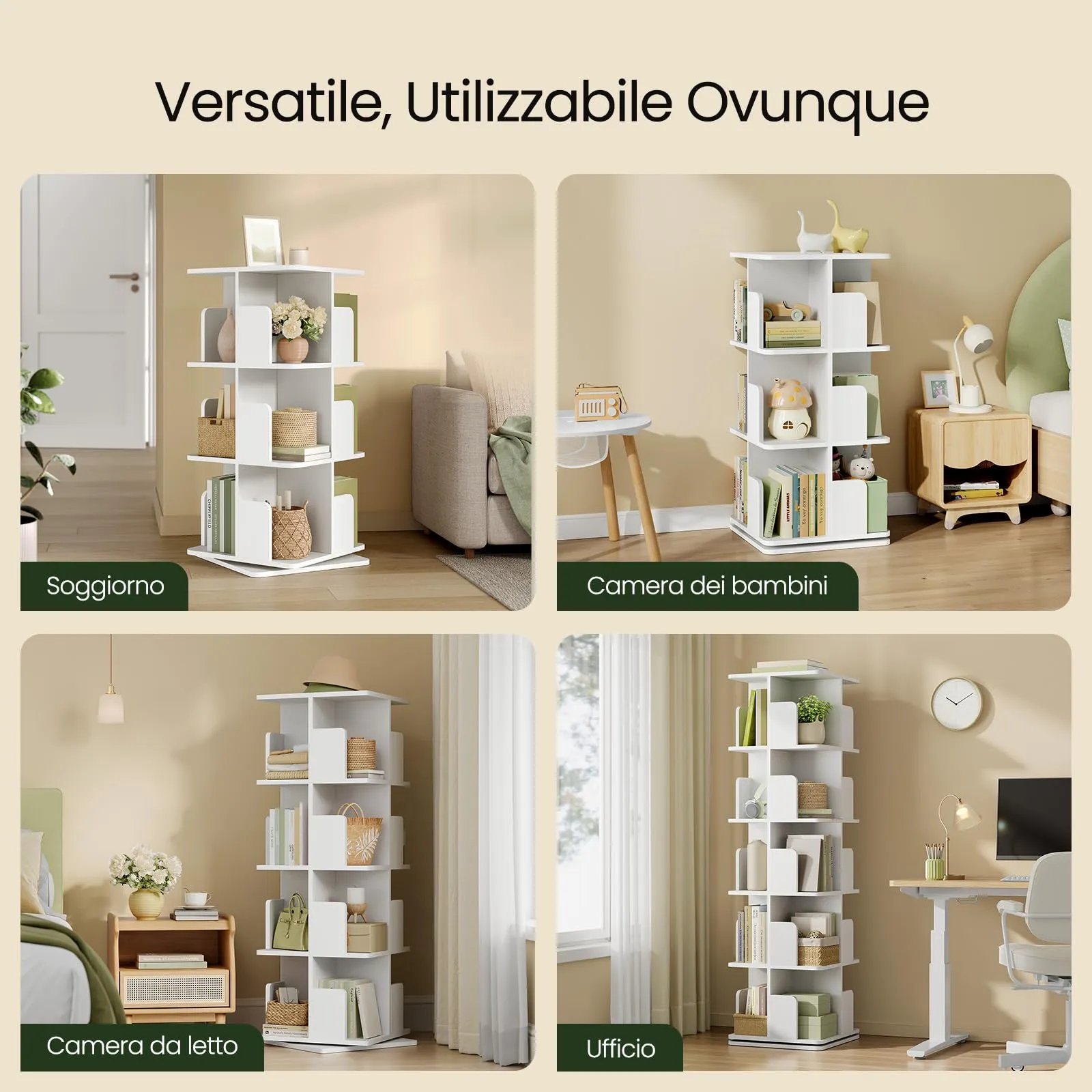 EUGAD Libreria Girevole a 3 Livelli con 12 Scomparti, 40x40x94,5 cm, Bianco - immagine 9