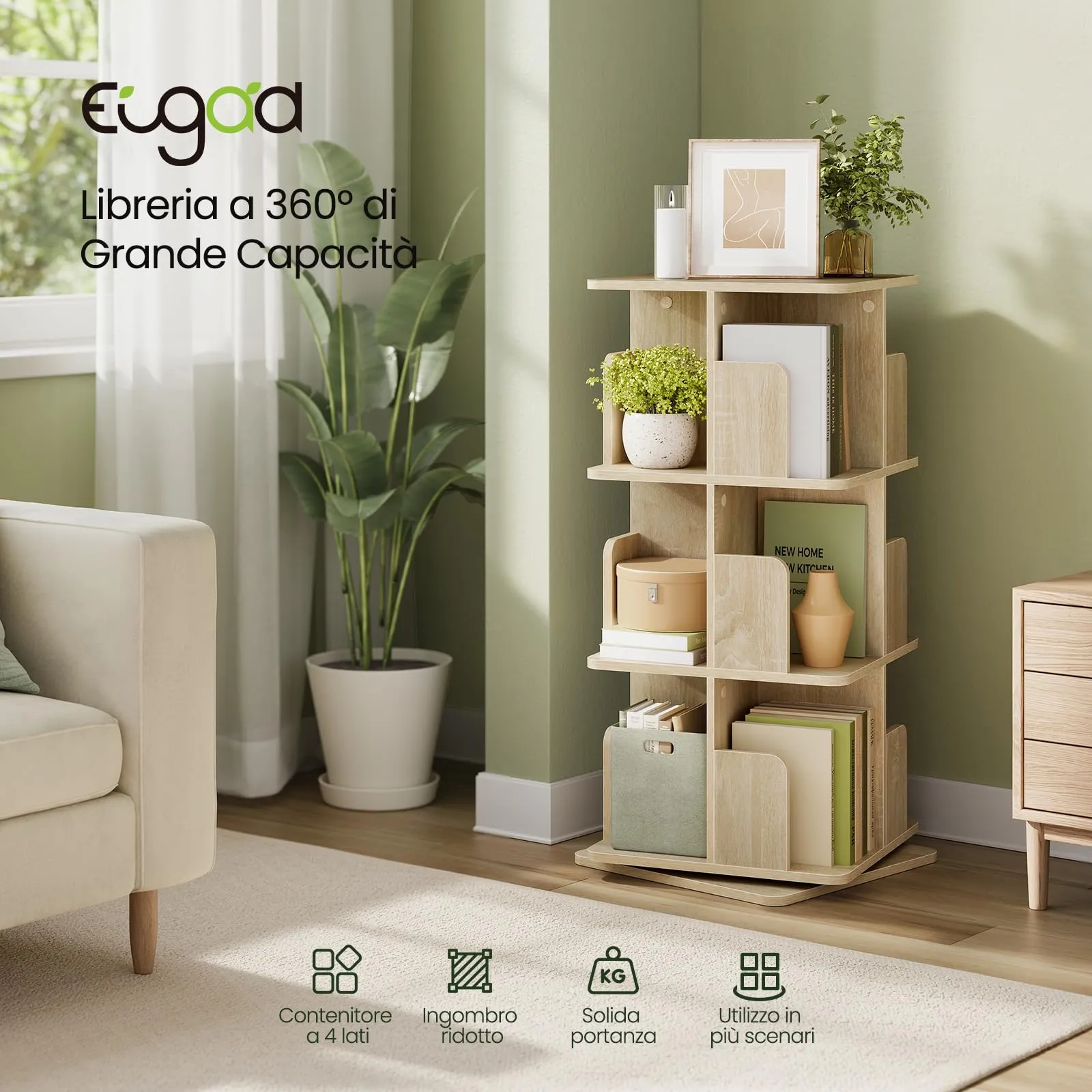 EUGAD Libreria Girevole 3 Livelli 12 Scomparti, 40x40x94,5 cm, Rovere Chiaro - immagine 3