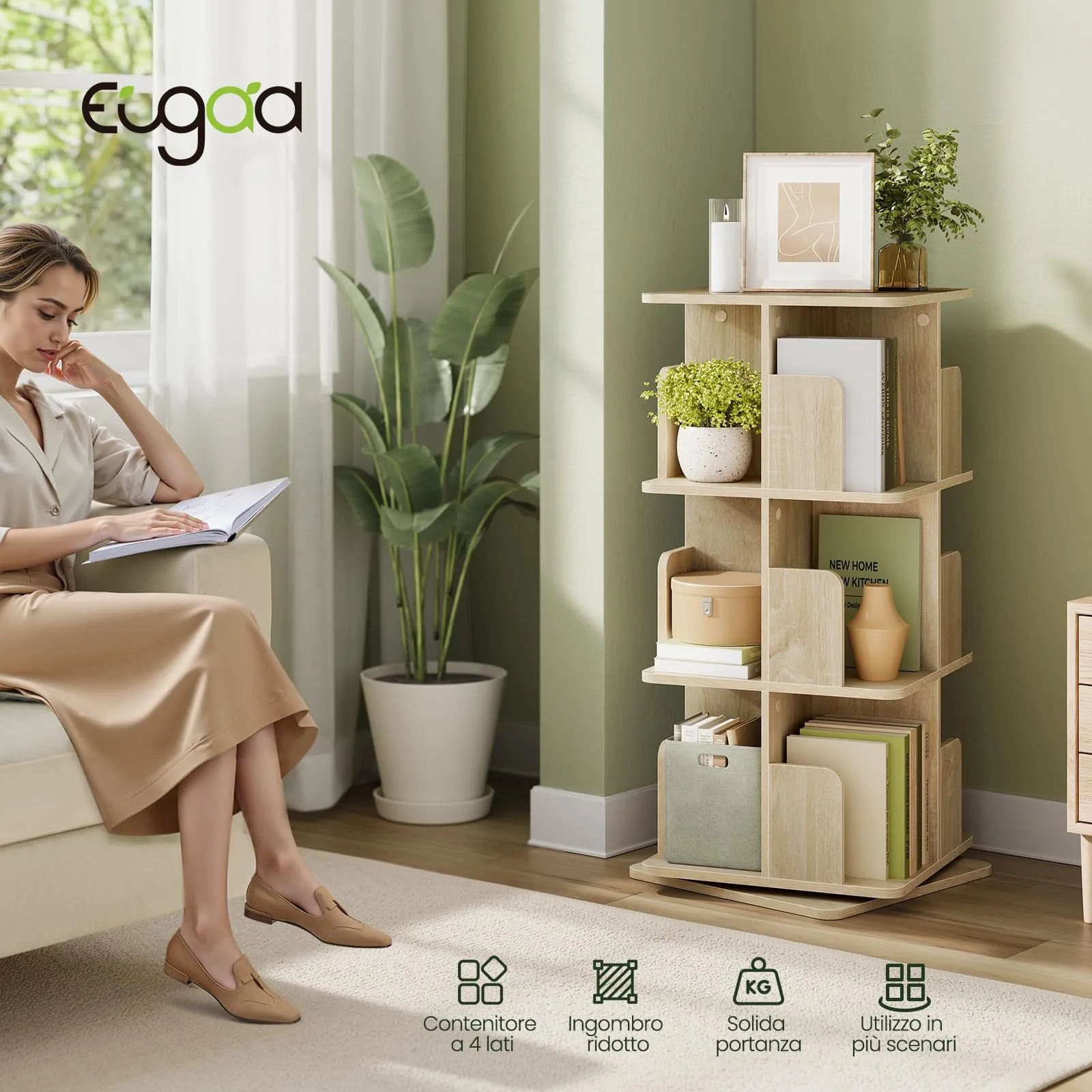 EUGAD Libreria Girevole 3 Livelli 12 Scomparti, 40x40x94,5 cm, Rovere Chiaro - immagine 4