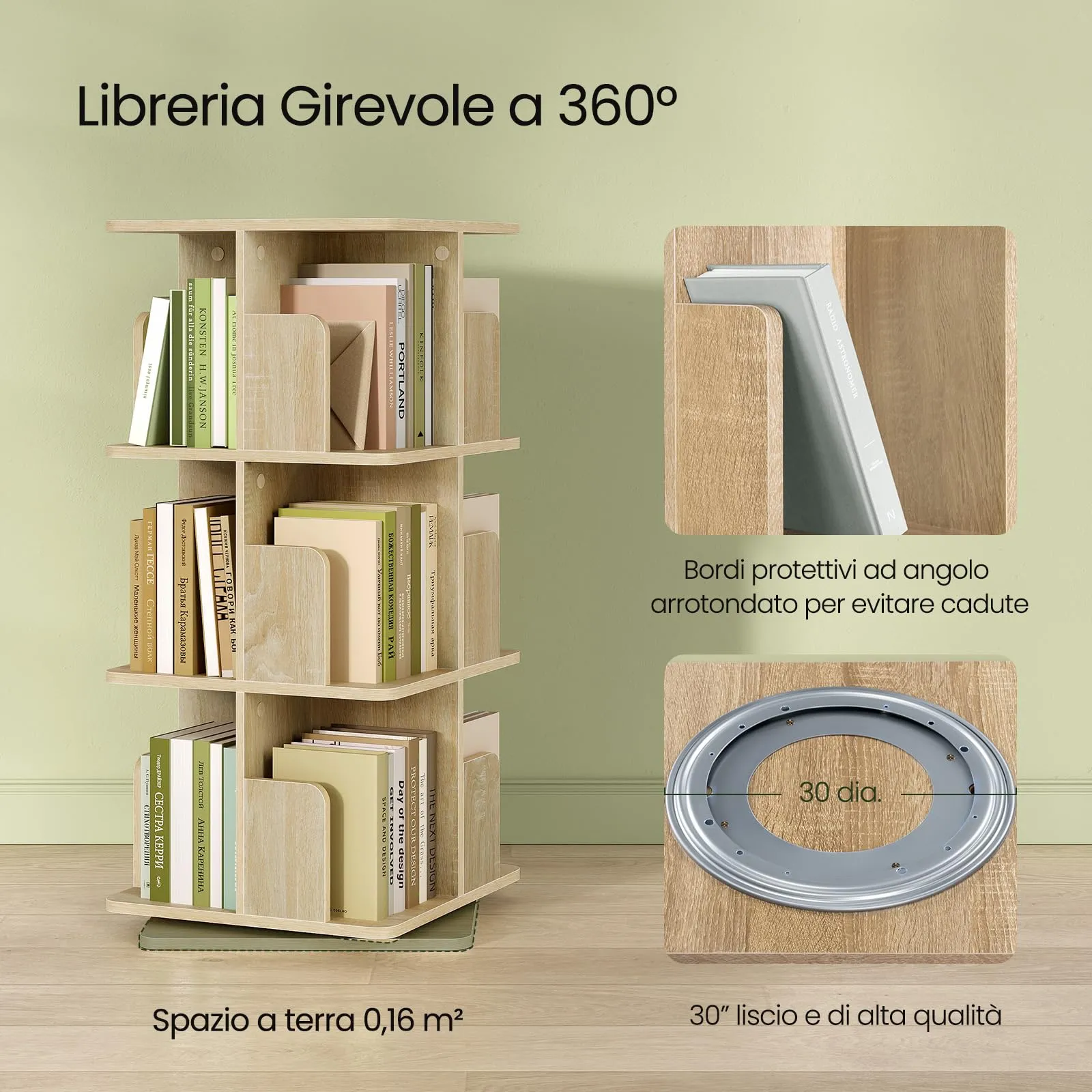 EUGAD Libreria Girevole 3 Livelli 12 Scomparti, 40x40x94,5 cm, Rovere Chiaro - immagine 6