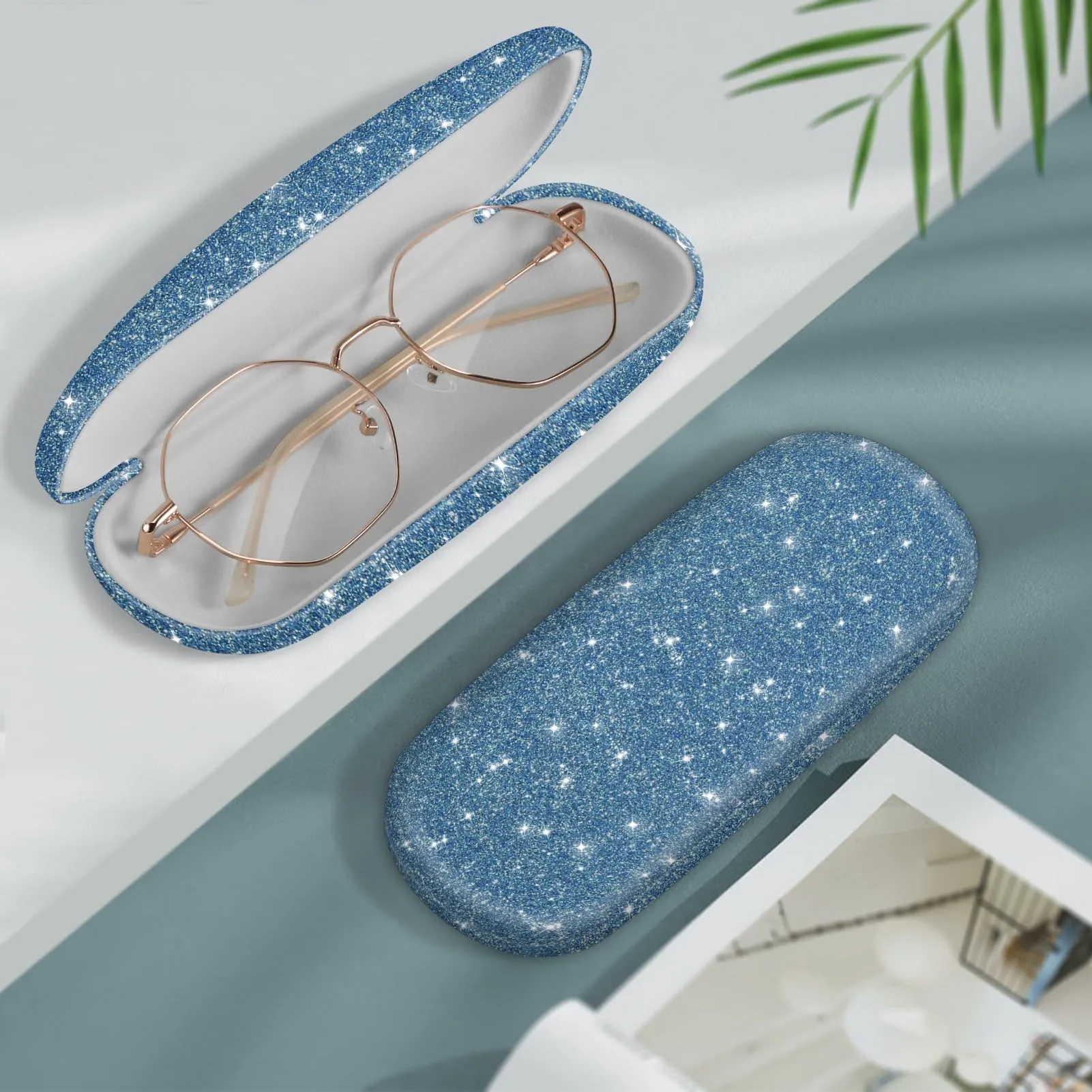 FINTIE Custodia Occhiali Rigida in Ecopelle Glitter Blu - immagine 2