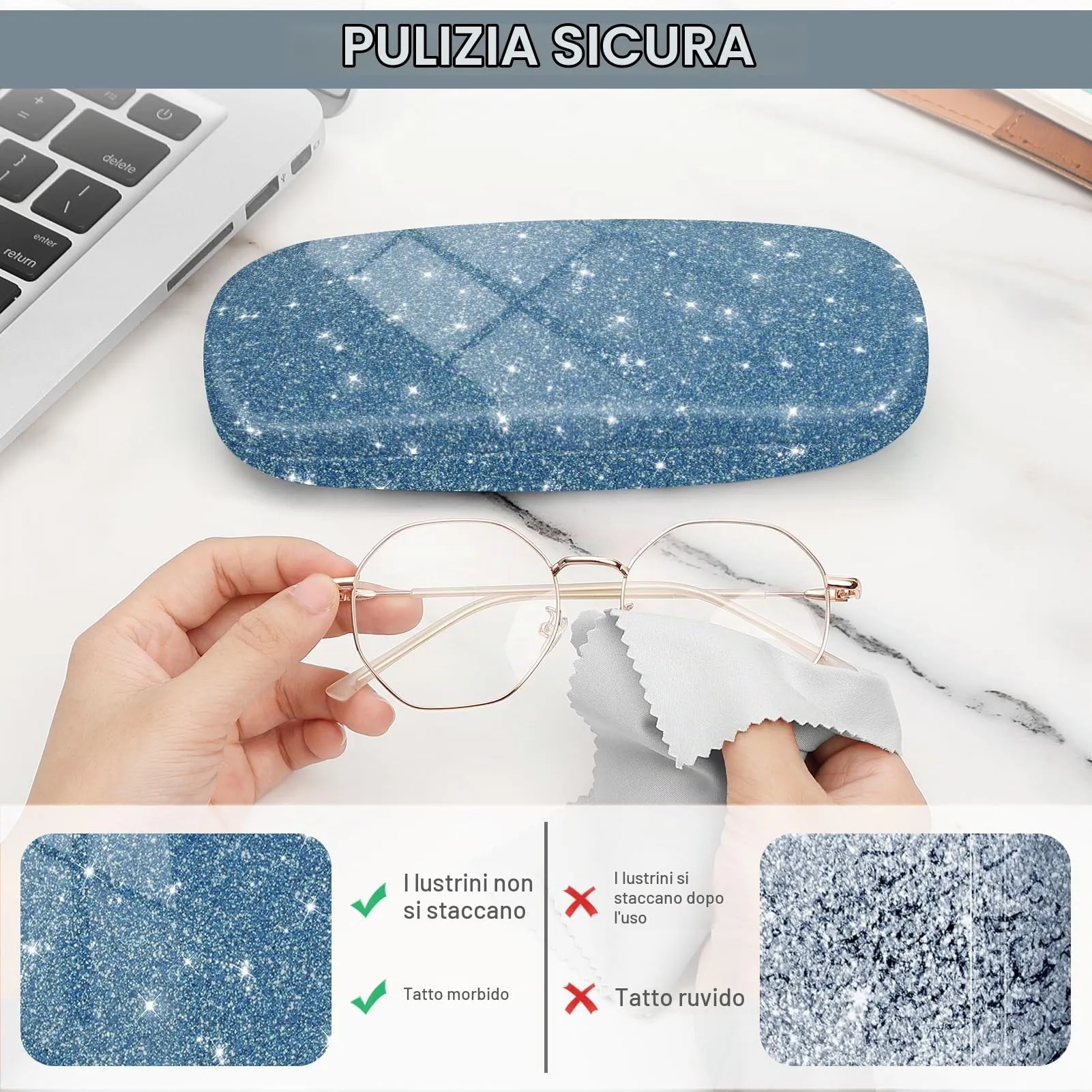 FINTIE Custodia Occhiali Rigida in Ecopelle Glitter Blu - immagine 3