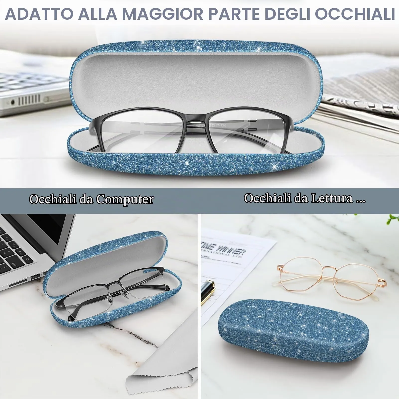 FINTIE Custodia Occhiali Rigida in Ecopelle Glitter Blu - immagine 8