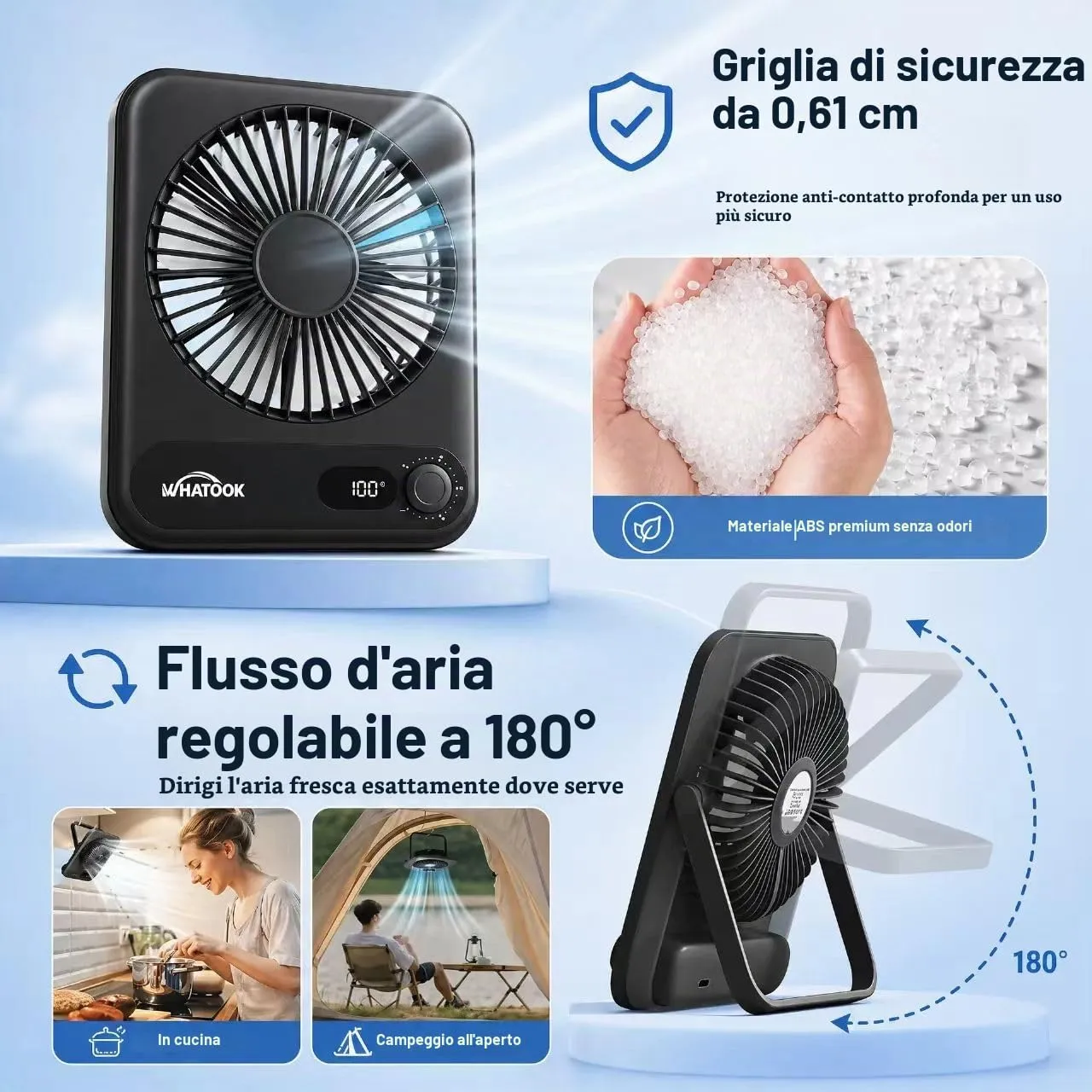 WHATOOK Mini Ventilatore da Tavolo Silenzioso, 100 Velocità, Batteria 2000 mAh, Display LED, Ricaricabile USB, Pieghevole, Nero - immagine 4