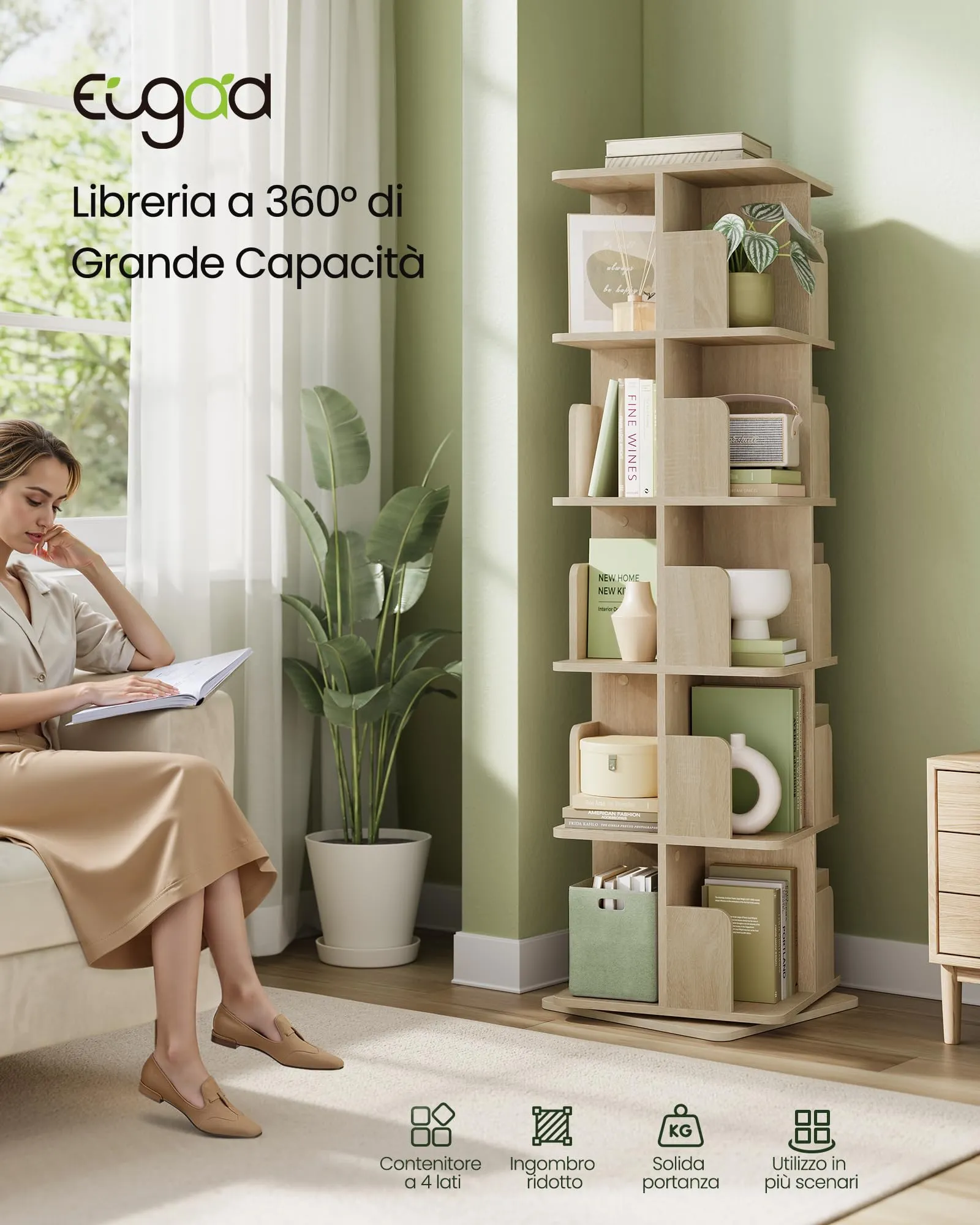 EUGAD Libreria Rotante a 5 Livelli, Scaffale d'Angolo a Pavimento, Rovere Chiaro - immagine 3