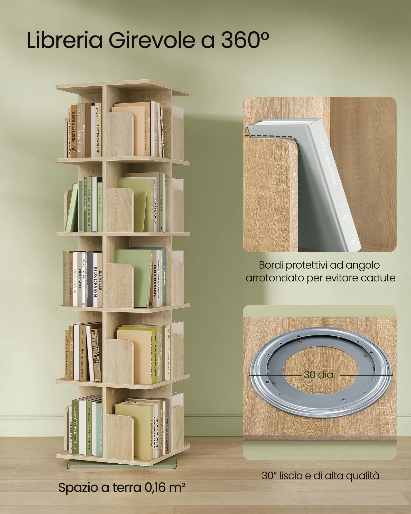 EUGAD Libreria Rotante a 5 Livelli, Scaffale d'Angolo a Pavimento, Rovere Chiaro - immagine 6