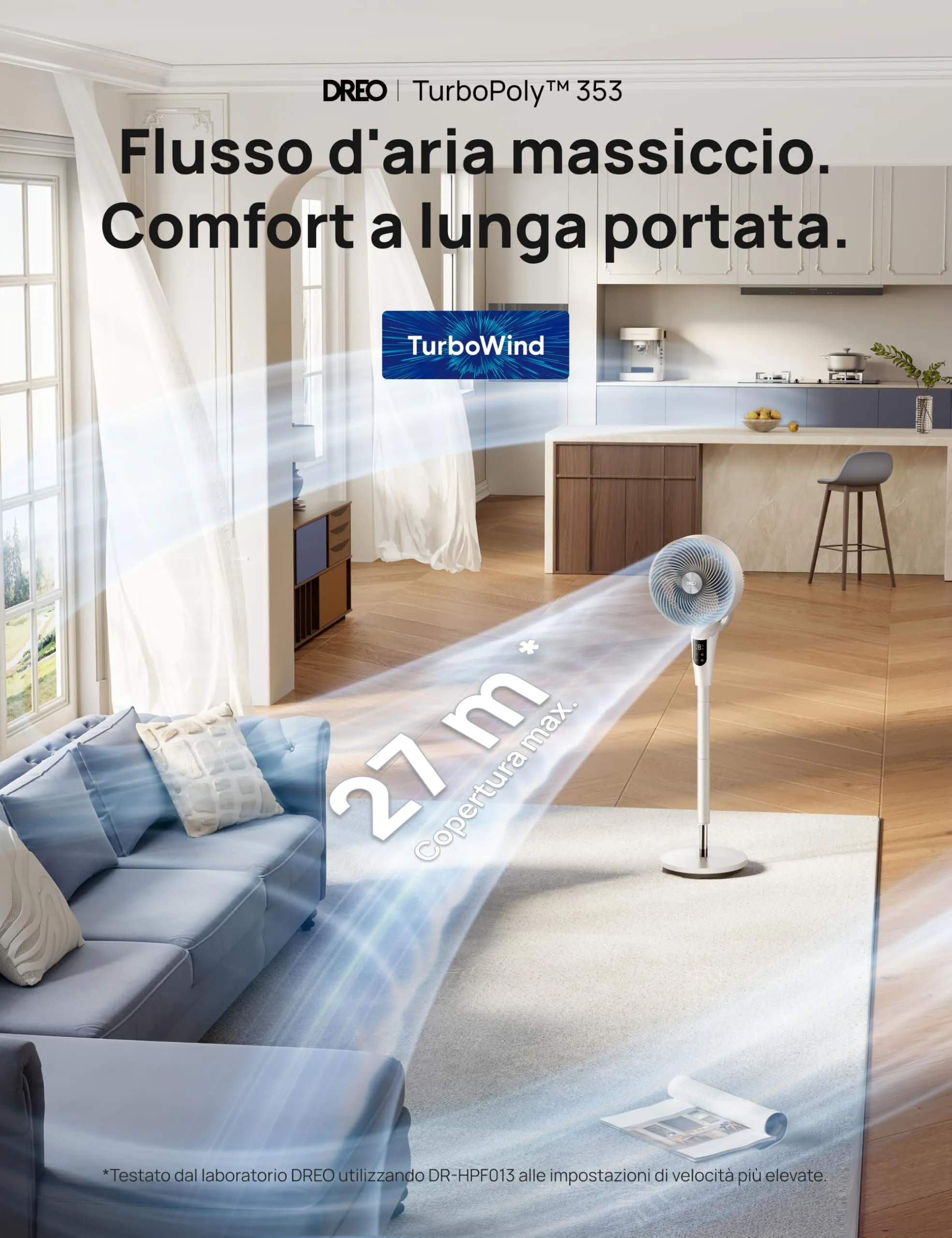 DREO Ventilatore a Piantana DR-HPF013 TurboPoly Fan 353, Motore DC, 8 Velocità, 3 Modalità, Timer 8H, Oscillazione 90°, Altezza 96–106cm - immagine 2