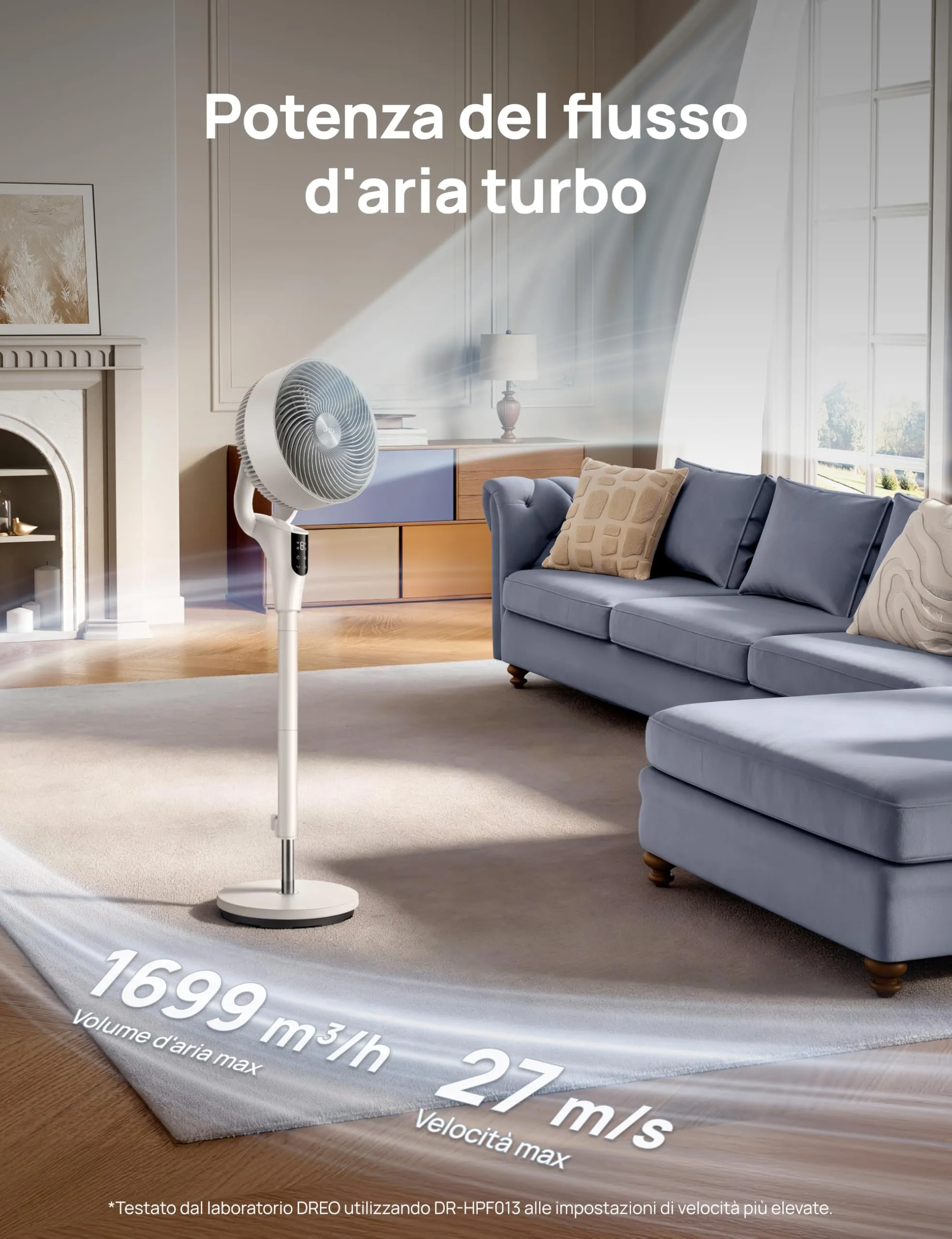 DREO Ventilatore a Piantana DR-HPF013 TurboPoly Fan 353, Motore DC, 8 Velocità, 3 Modalità, Timer 8H, Oscillazione 90°, Altezza 96–106cm - immagine 3