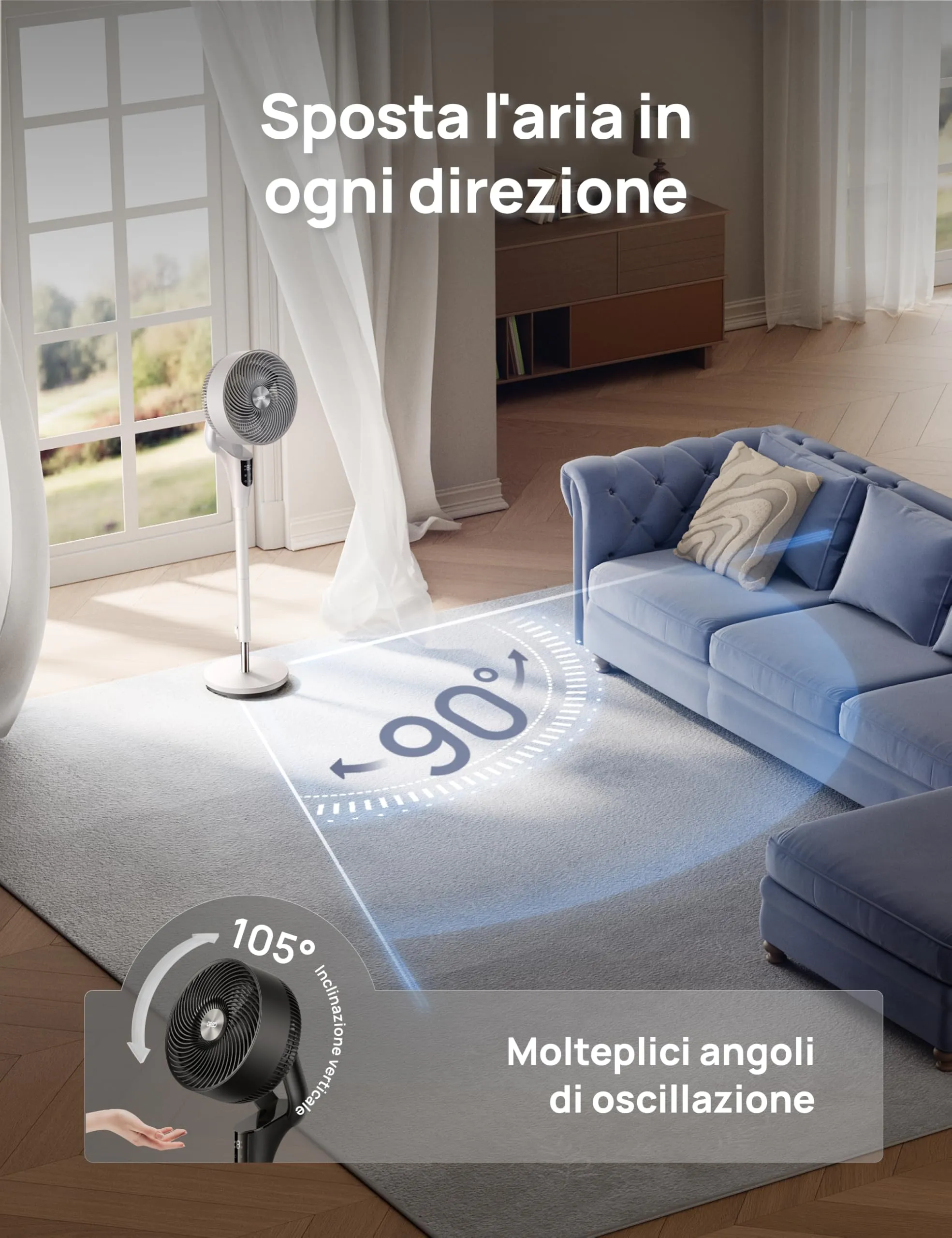 DREO Ventilatore a Piantana DR-HPF013 TurboPoly Fan 353, Motore DC, 8 Velocità, 3 Modalità, Timer 8H, Oscillazione 90°, Altezza 96–106cm - immagine 5