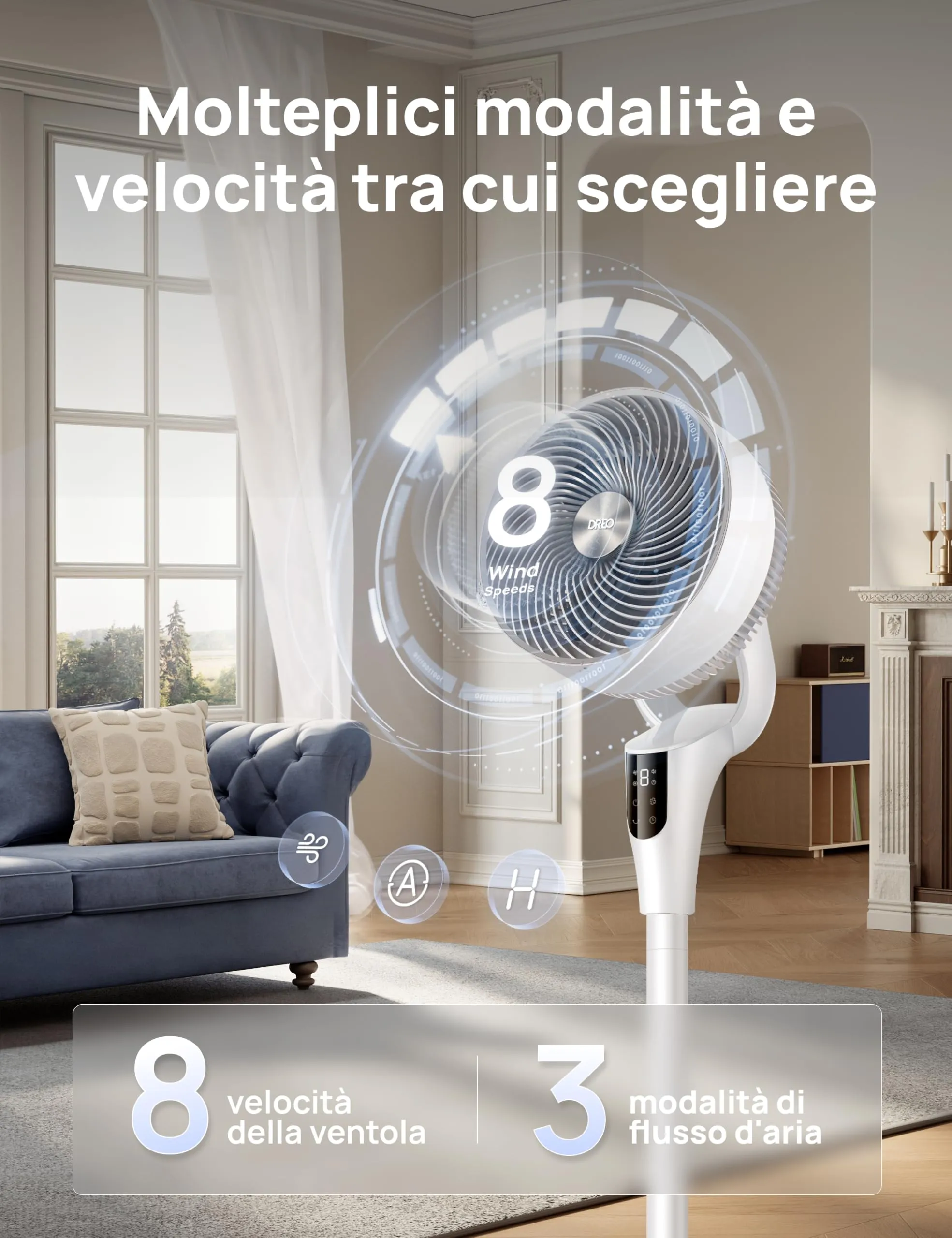 DREO Ventilatore a Piantana DR-HPF013 TurboPoly Fan 353, Motore DC, 8 Velocità, 3 Modalità, Timer 8H, Oscillazione 90°, Altezza 96–106cm - immagine 6
