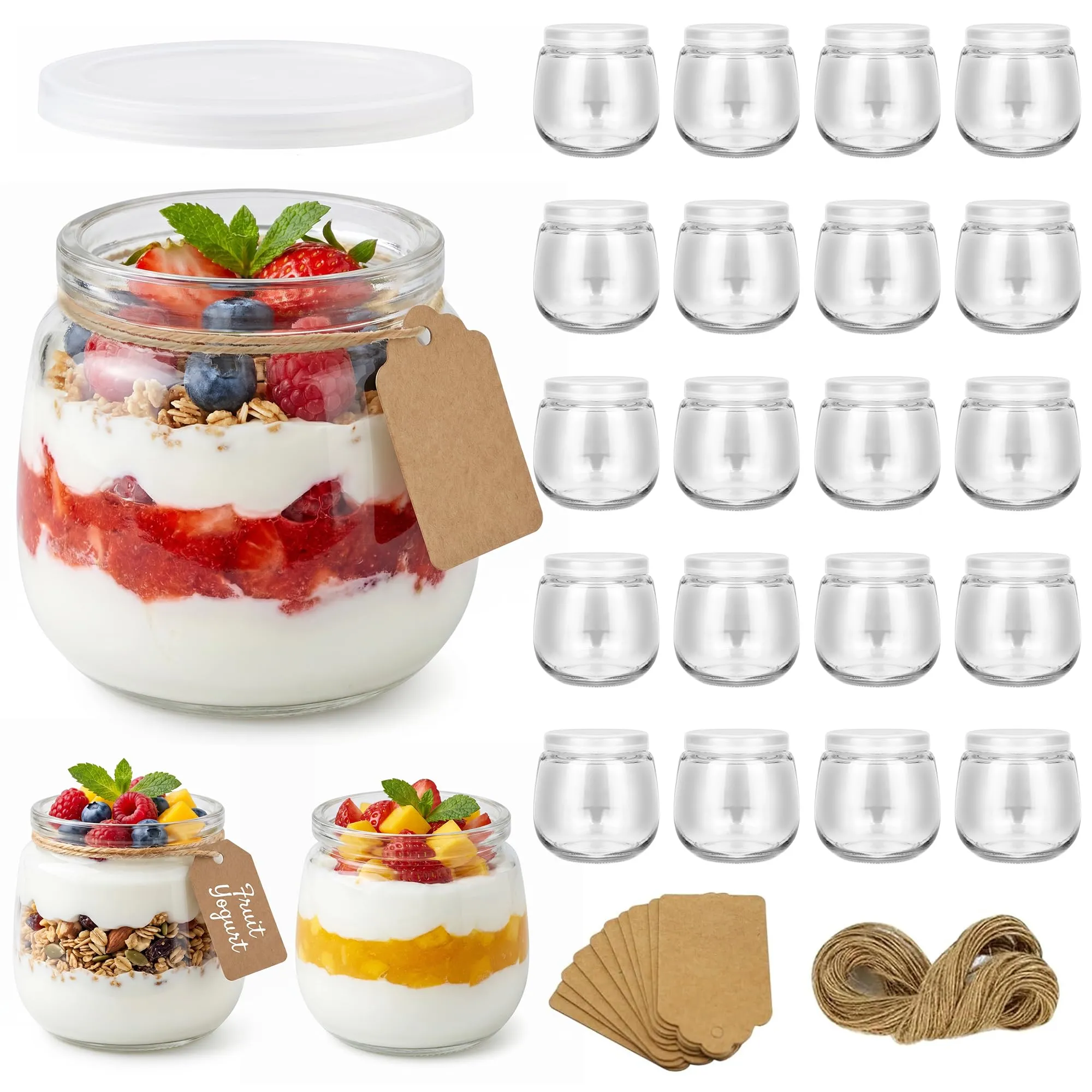 Hbazzor Barattoli per yogurt in vetro da 200 ml con coperchio, corda e ciondolo, 20 pezzi - immagine 1