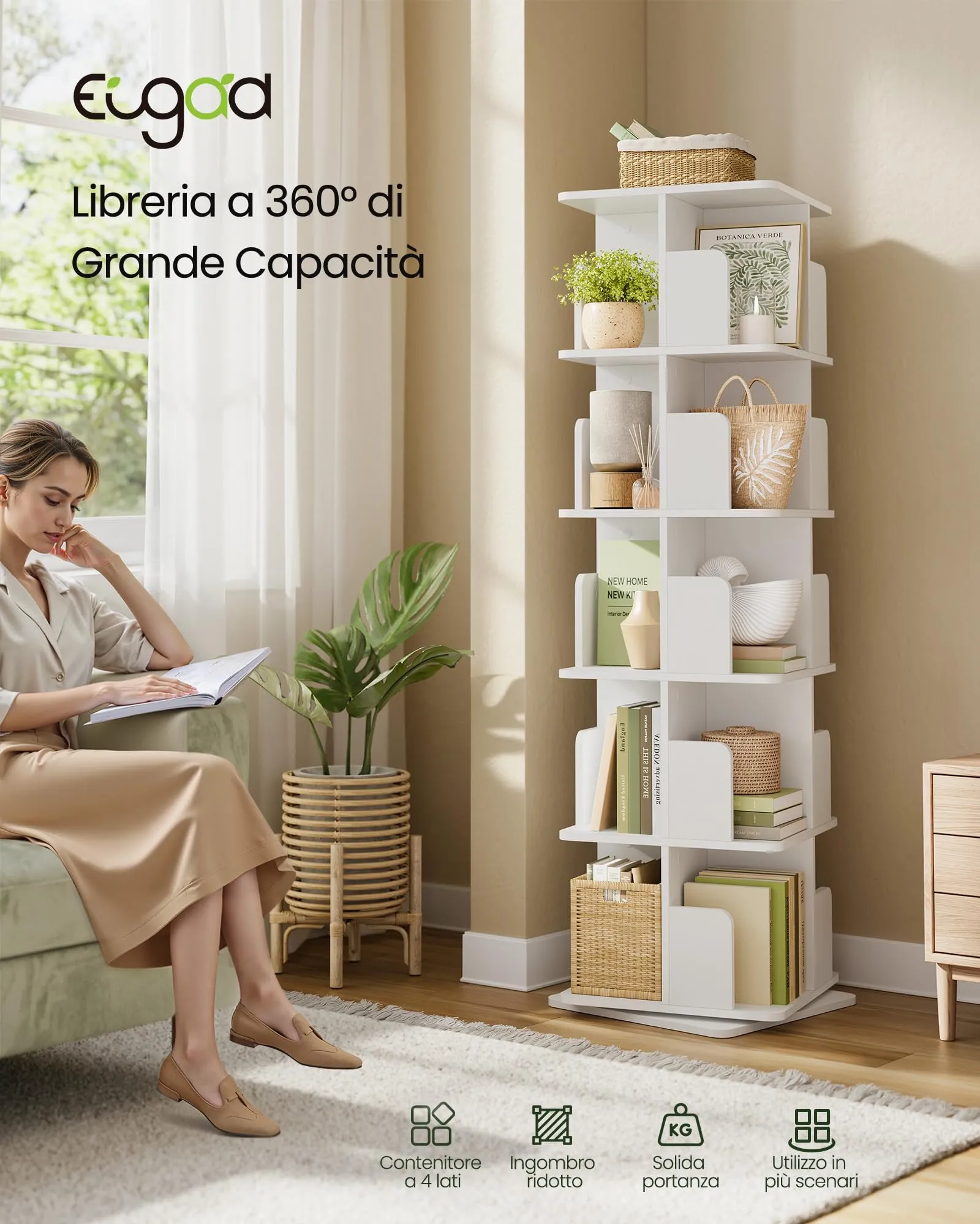 EUGAD Libreria Girevole a 5 Livelli, Scaffale d'Angolo a Pavimento, Bianco - immagine 4