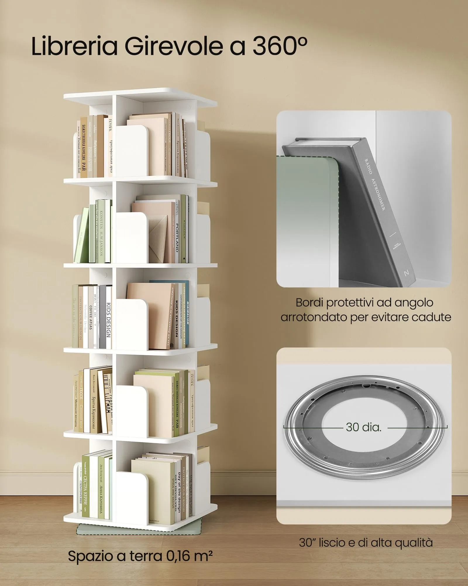 EUGAD Libreria Girevole a 5 Livelli, Scaffale d'Angolo a Pavimento, Bianco - immagine 7
