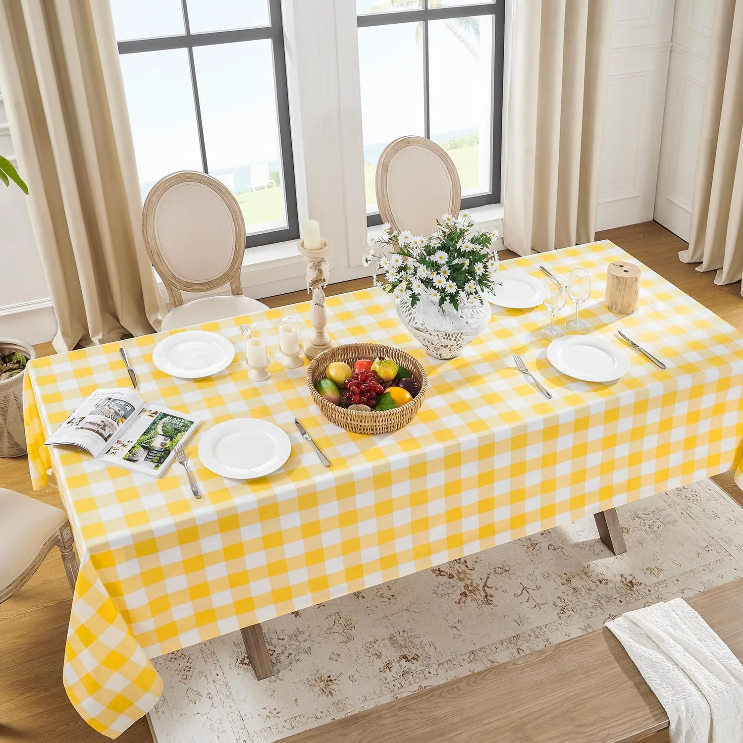 Softalker Tovaglie Rettangolari a Quadretti in Poliestere, Impermeabili e Antimacchia, 152,4 x 213,4 cm, Giallo e Bianco, Set da 2 - immagine 1