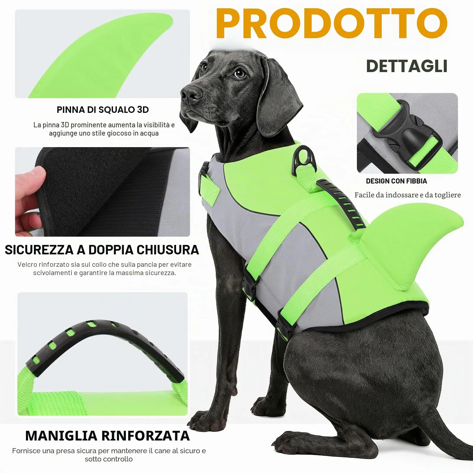 Queenmore Giubbotto di Salvataggio per Cani Ripstop Shark, Gilet di Sicurezza Regolabile con Manico di Salvataggio, Verde, S - immagine 3