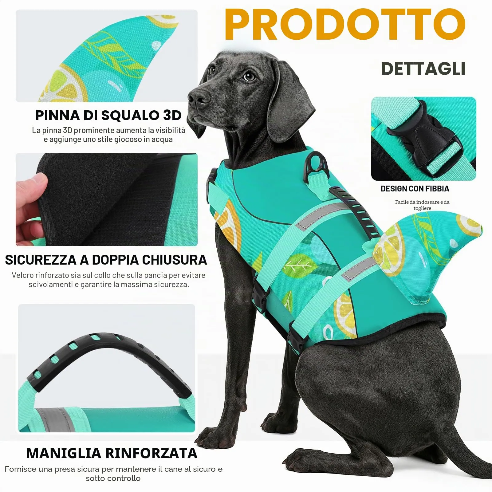 Queenmore Giubbotto Salvagente Cane in Ripstop Design Squalo, Limone, 2XL - immagine 3