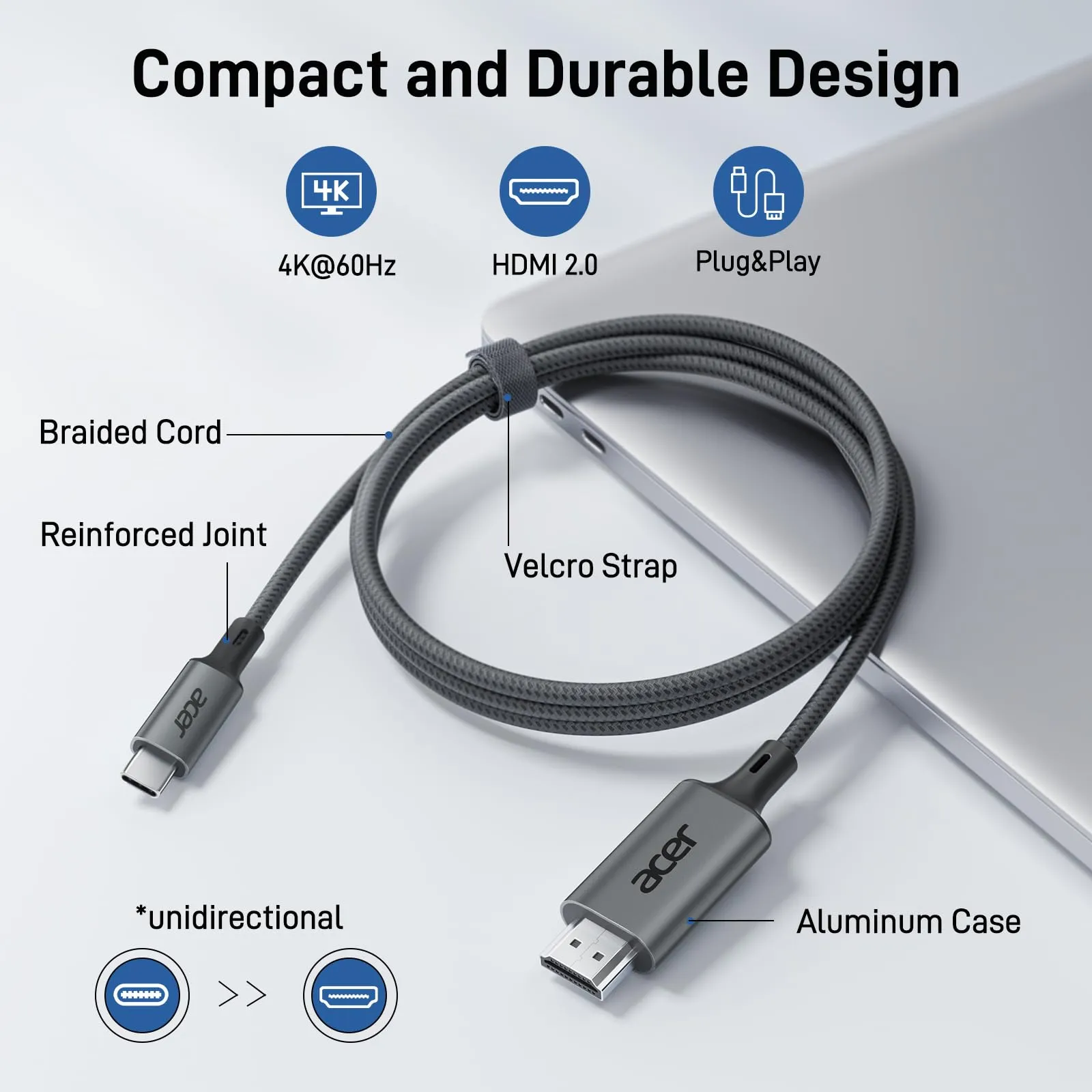 Acer Cavo USB-C a HDMI 4K@60Hz, Thunderbolt 4/3, HDMI 2.0, 1 metro - immagine 4