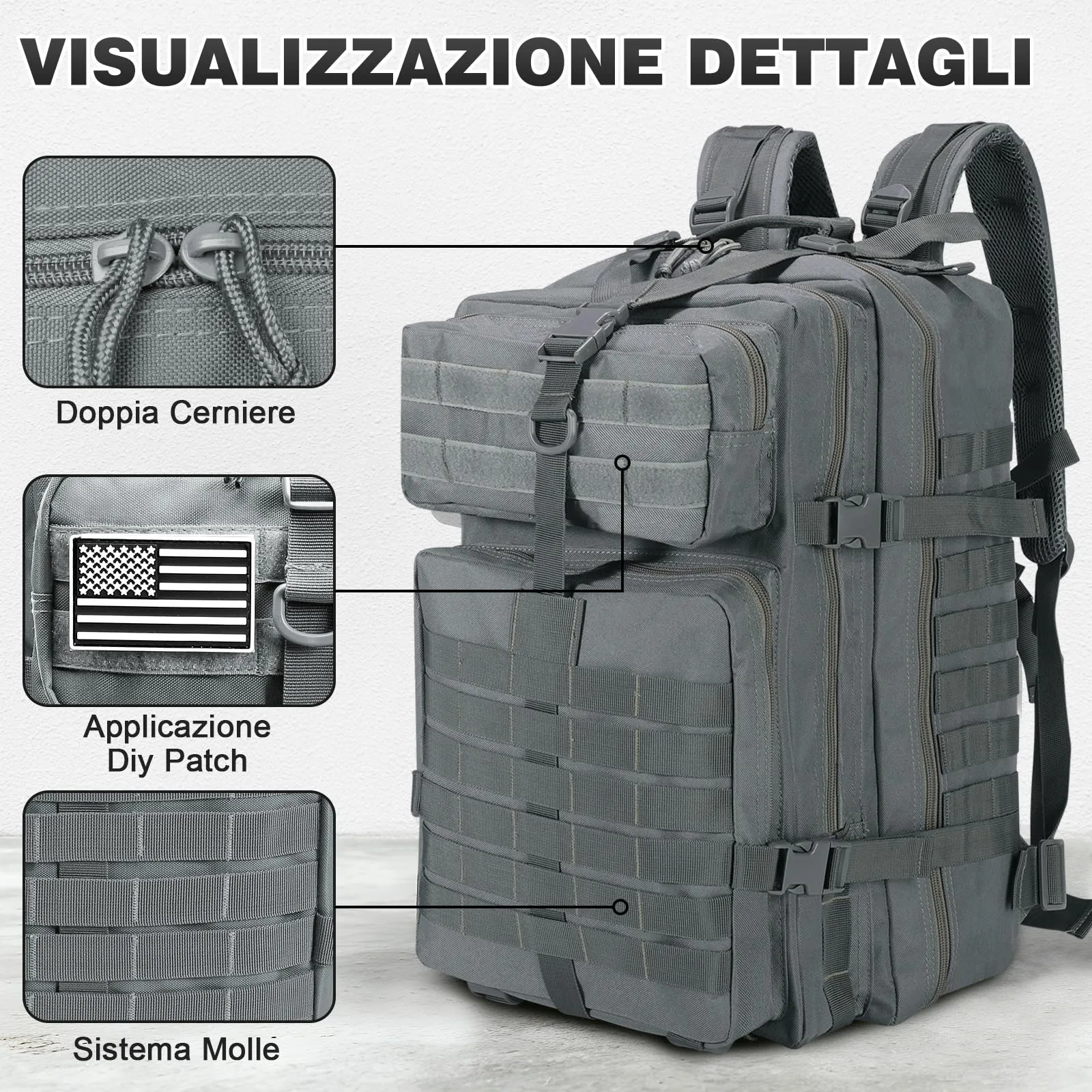 SHANNA Zaino Tattico Militare 45 Litri Impermeabile con Sistema Molle per Escursionismo, Campeggio e Trekking - immagine 2