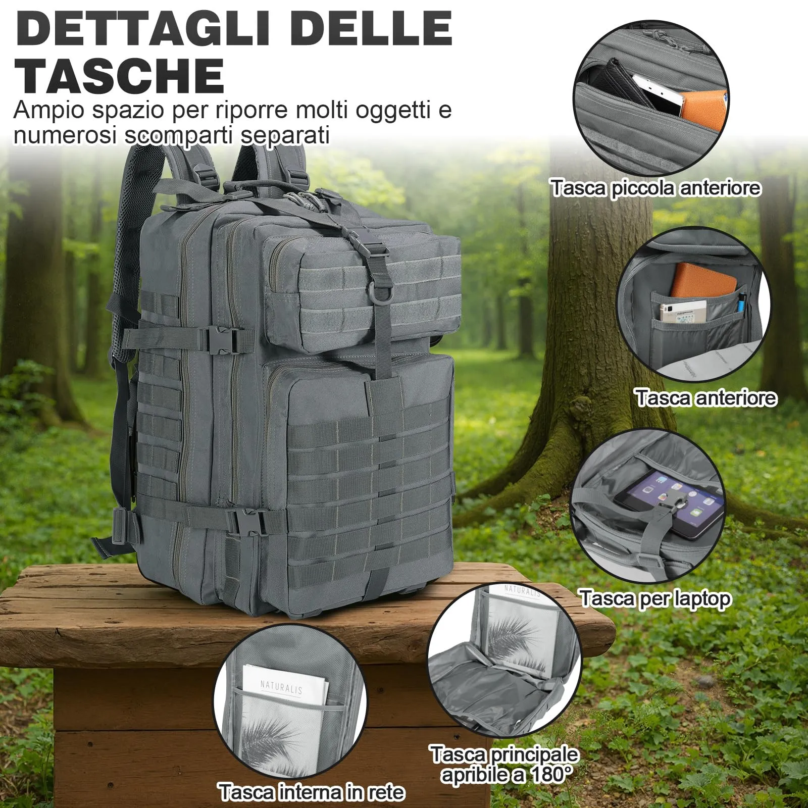 SHANNA Zaino Tattico Militare 45 Litri Impermeabile con Sistema Molle per Escursionismo, Campeggio e Trekking - immagine 3