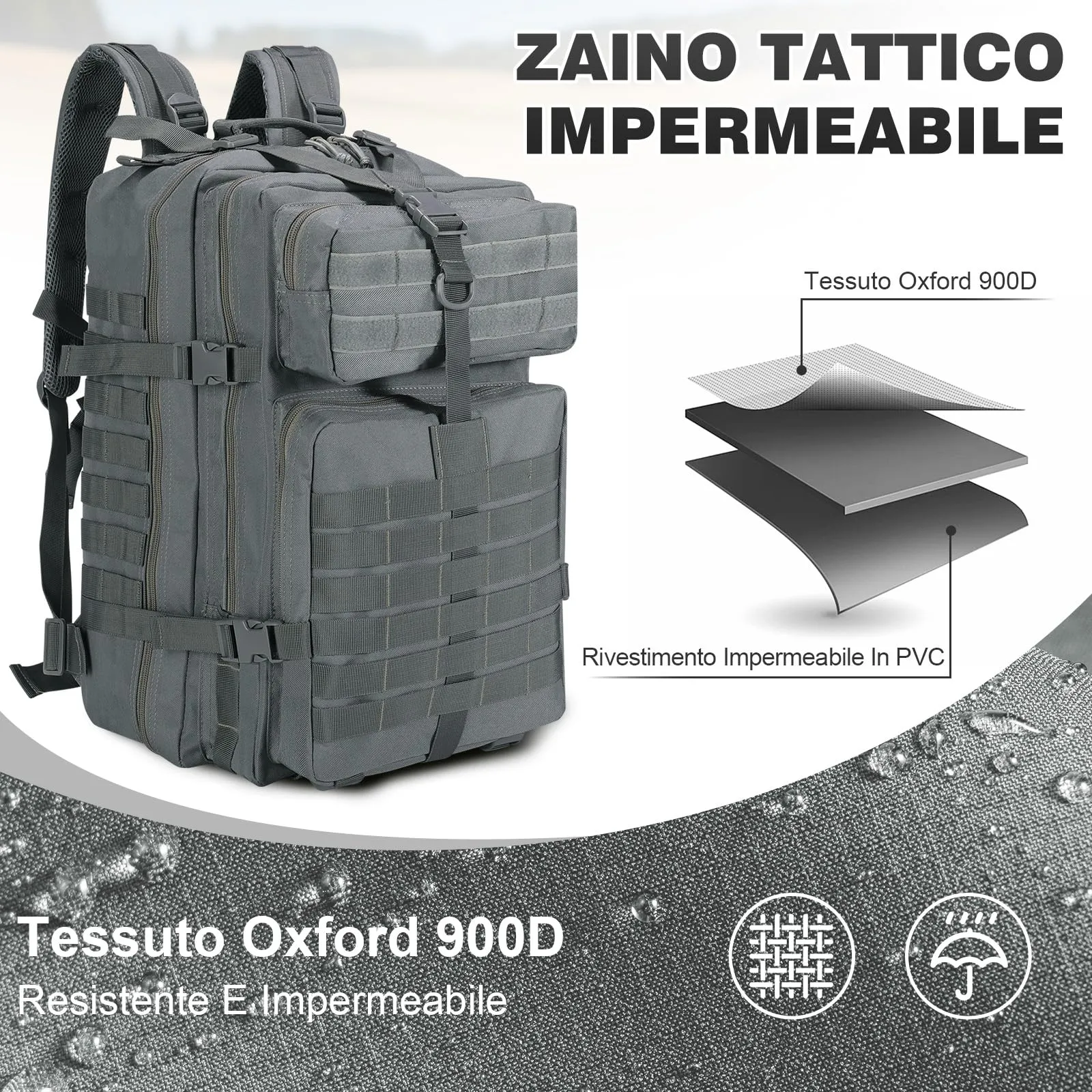 SHANNA Zaino Tattico Militare 45 Litri Impermeabile con Sistema Molle per Escursionismo, Campeggio e Trekking - immagine 6