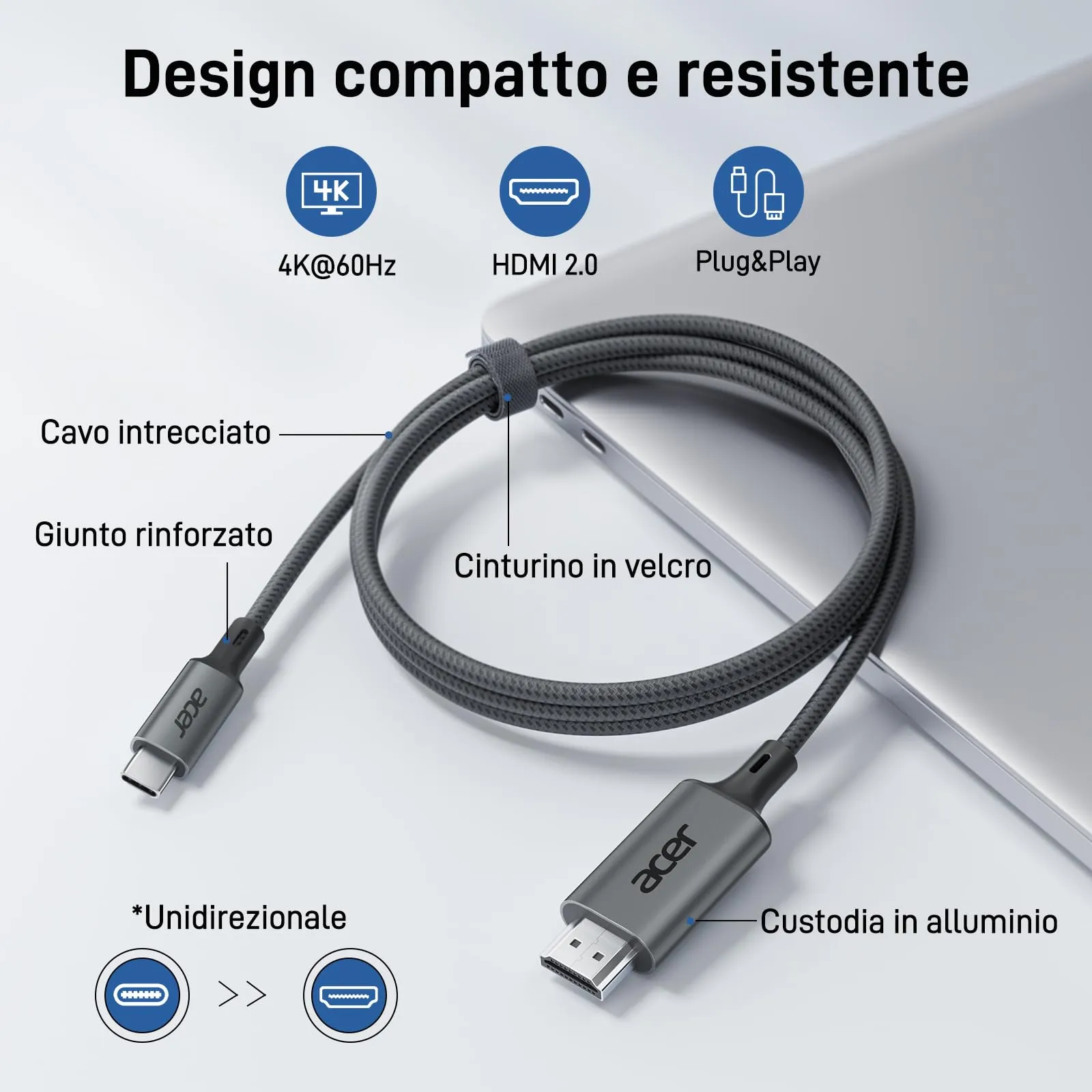 Acer Cavo USB-C a HDMI 4K@60Hz Thunderbolt 3/4 HDMI 2.0, 2m - immagine 4