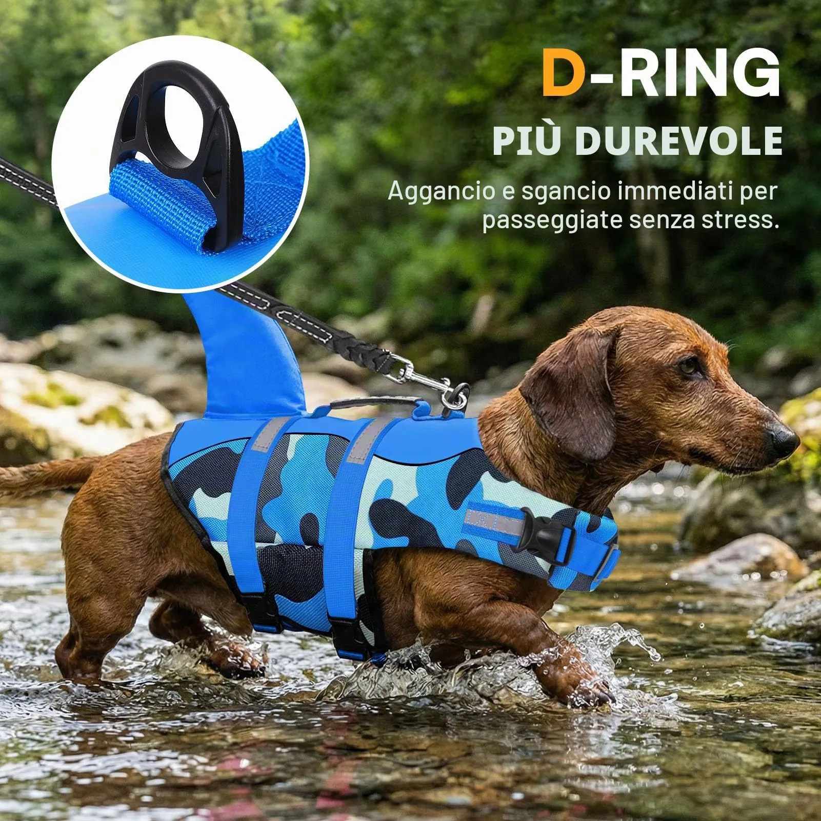 Queenmore Giubbotto di Salvataggio per Cani in Ripstop con Pinna di Squalo, Mimetico Blu, XS - immagine 4