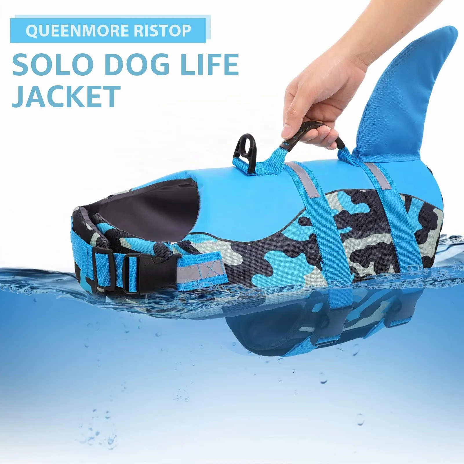 Queenmore Giubbotto di Salvataggio per Cani in Ripstop con Pinna di Squalo, Mimetico Blu, XS - immagine 8