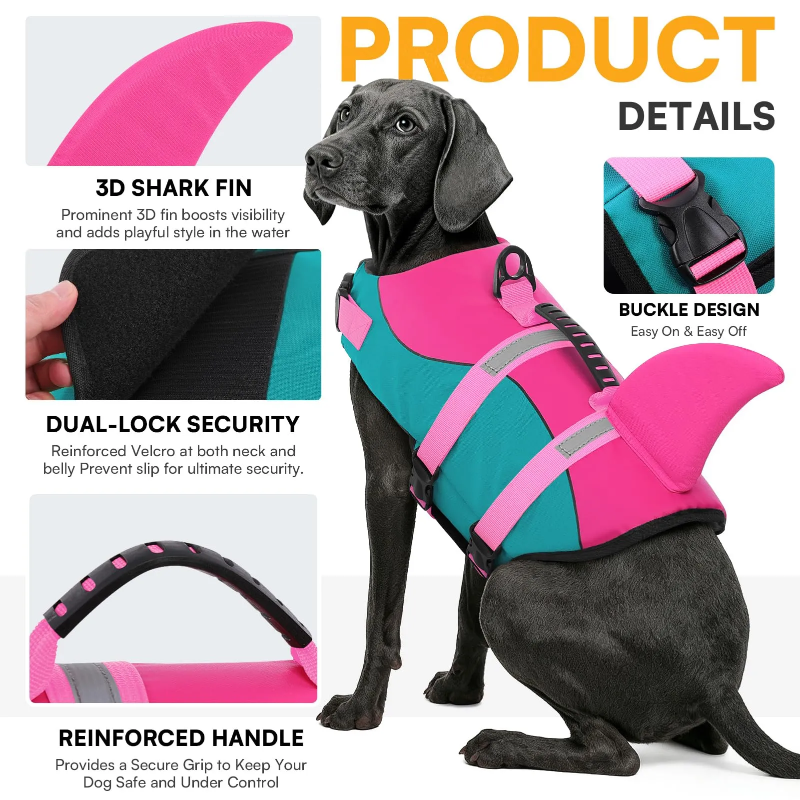 Queenmore Giubbotto Salvagente per Cani Ripstop Design Squalo, Pavone, 2XL - immagine 3