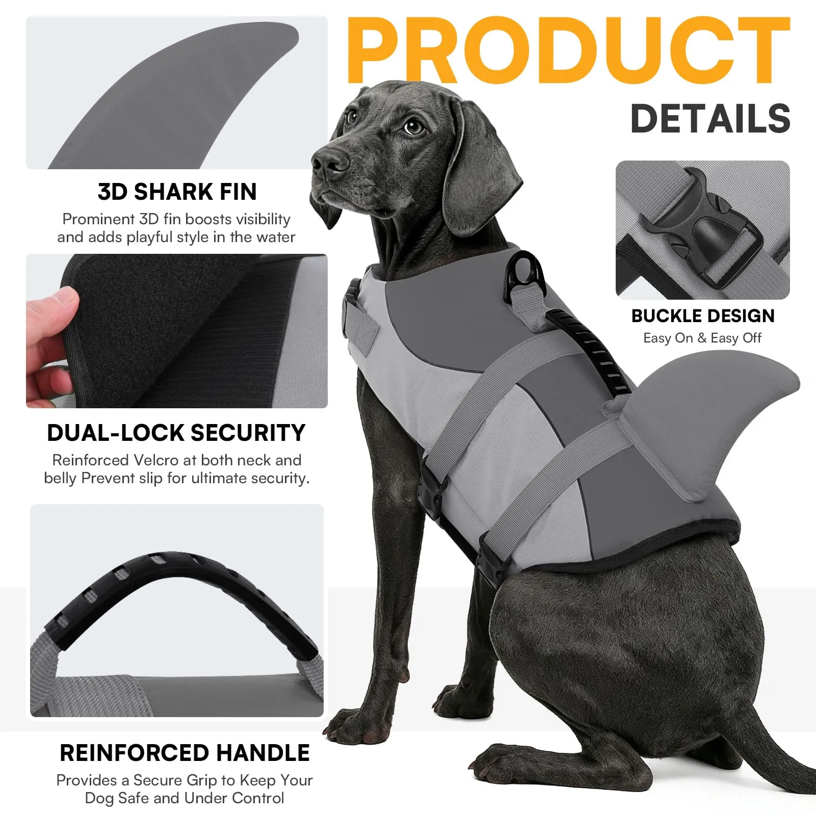 Queenmore Giubbotto di salvataggio per cani Ripstop Shark, Grigio, XS - immagine 3