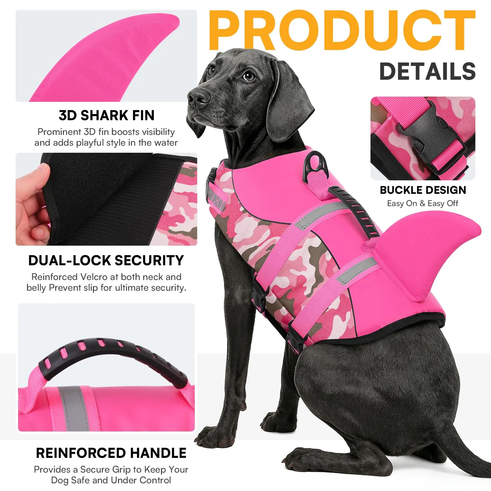 Queenmore Giubbotto di Salvataggio per Cani in Ripstop con Pinna di Squalo, Rosa Mimetico, XXL - immagine 3