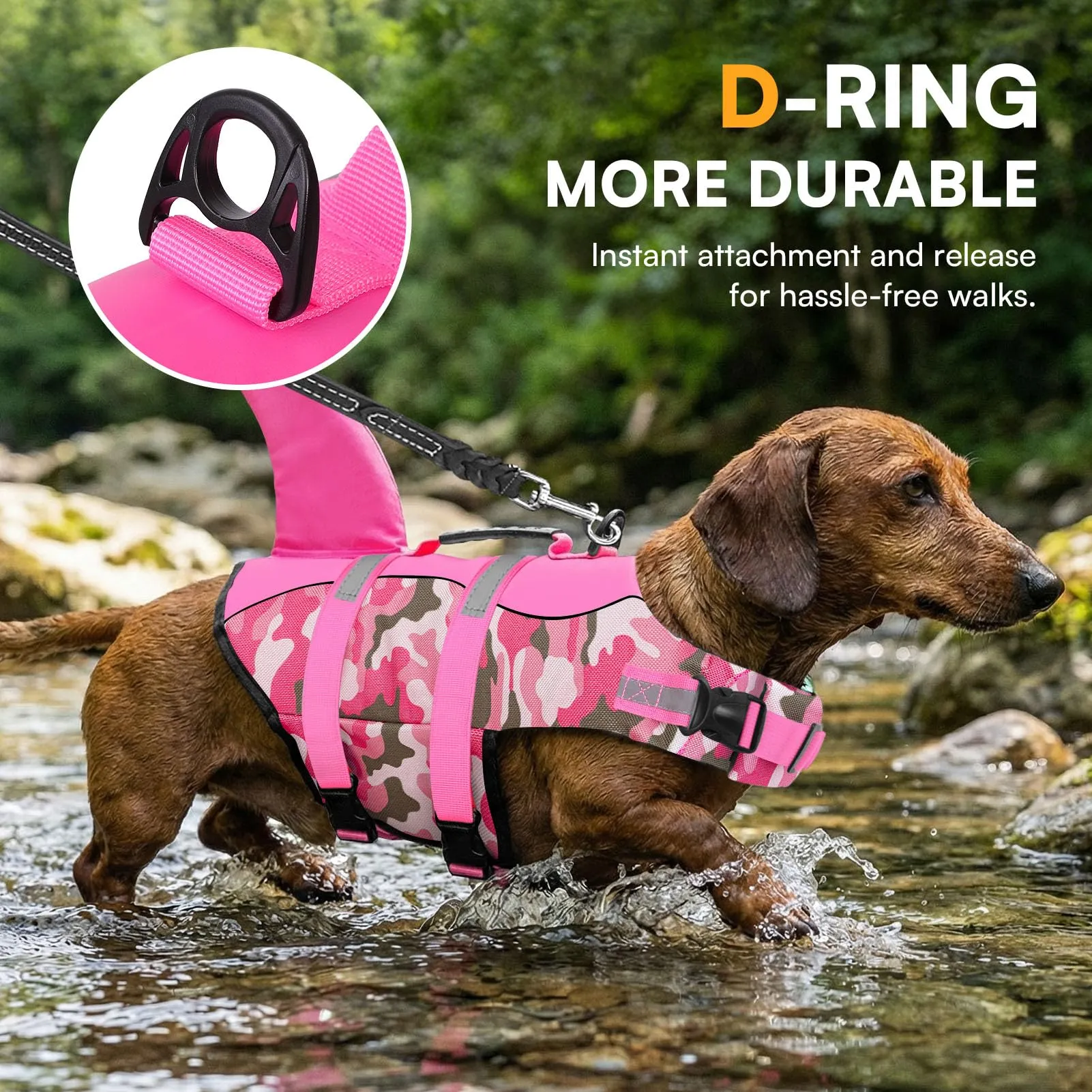 Queenmore Giubbotto di Salvataggio per Cani in Ripstop con Pinna di Squalo, Rosa Mimetico, XXL - immagine 4
