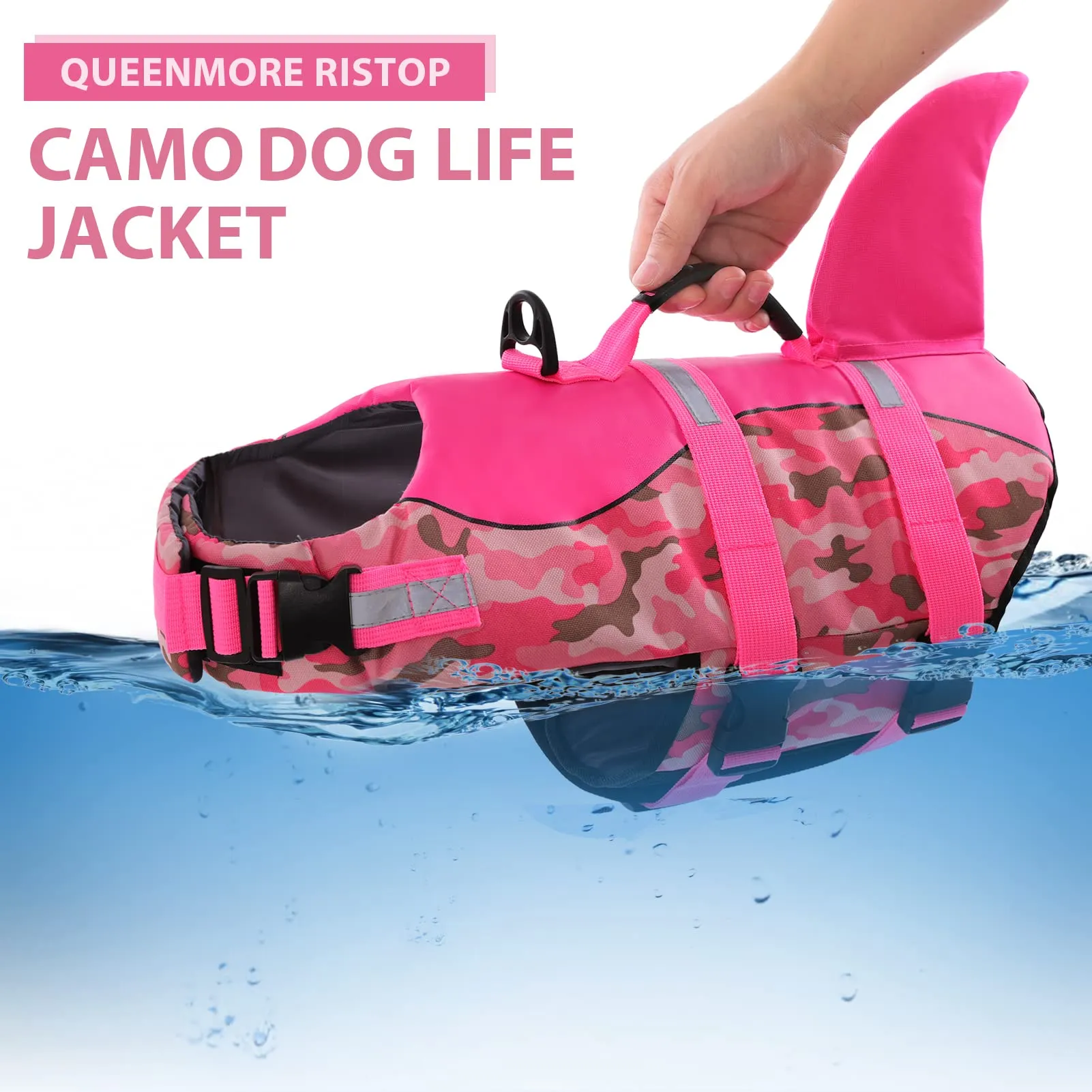 Queenmore Giubbotto di Salvataggio per Cani in Ripstop con Pinna di Squalo, Rosa Mimetico, XXL - immagine 8