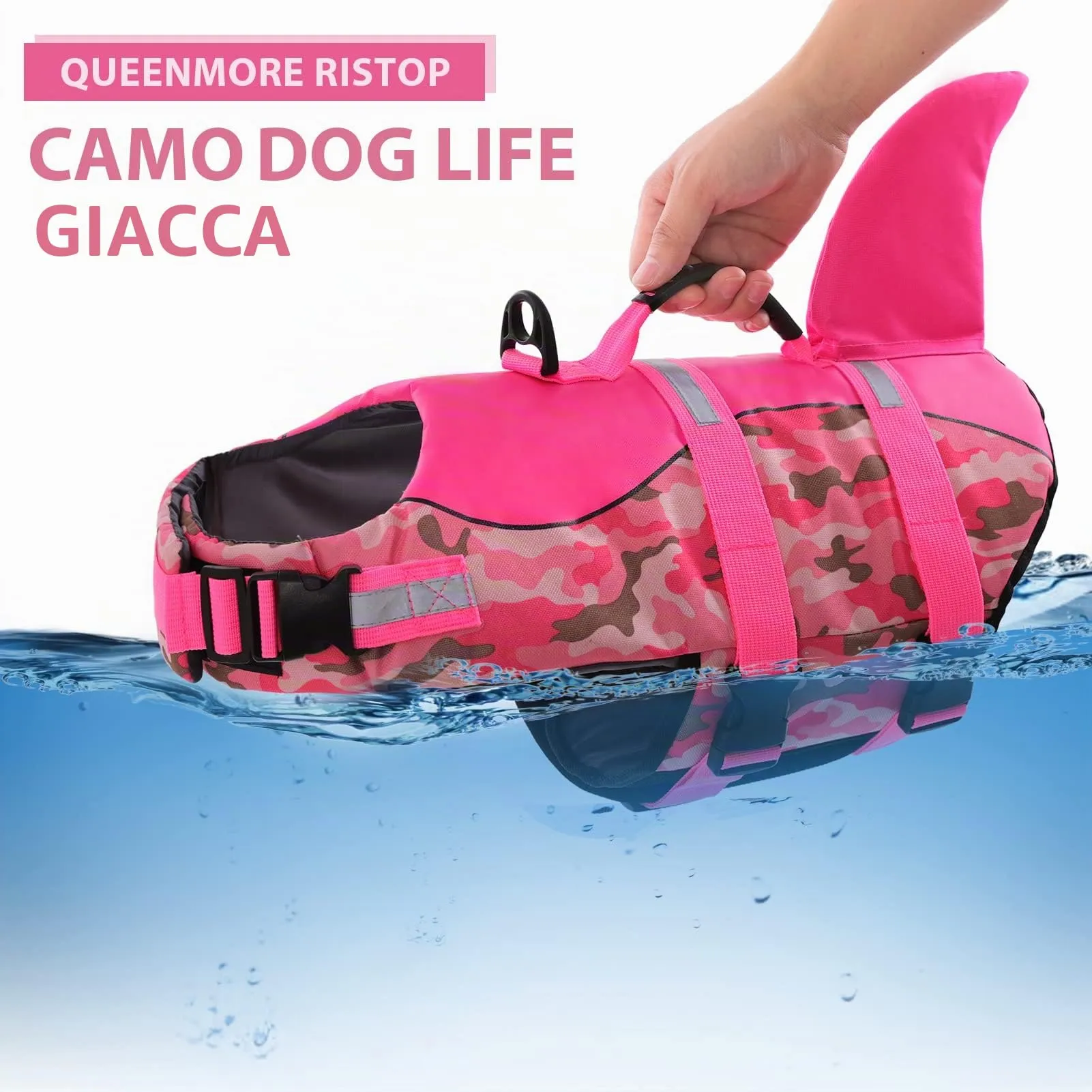 Queenmore Giubbotto di salvataggio per cani ripstop con pinna di squalo, Rosa Mimetico, S - immagine 8