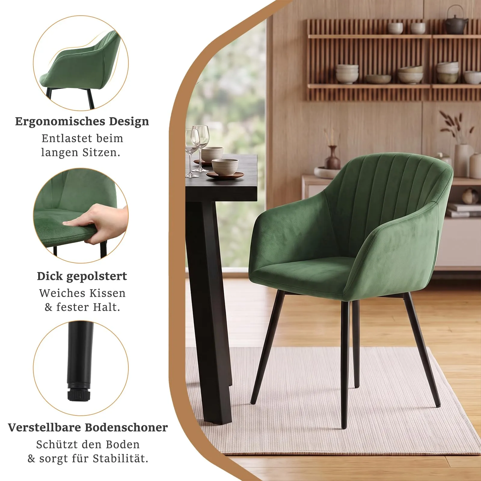 Goeurvant Set di 6 Sedie da Pranzo con Braccioli in Velluto, Gambe in Metallo, Verde Foresta - immagine 4