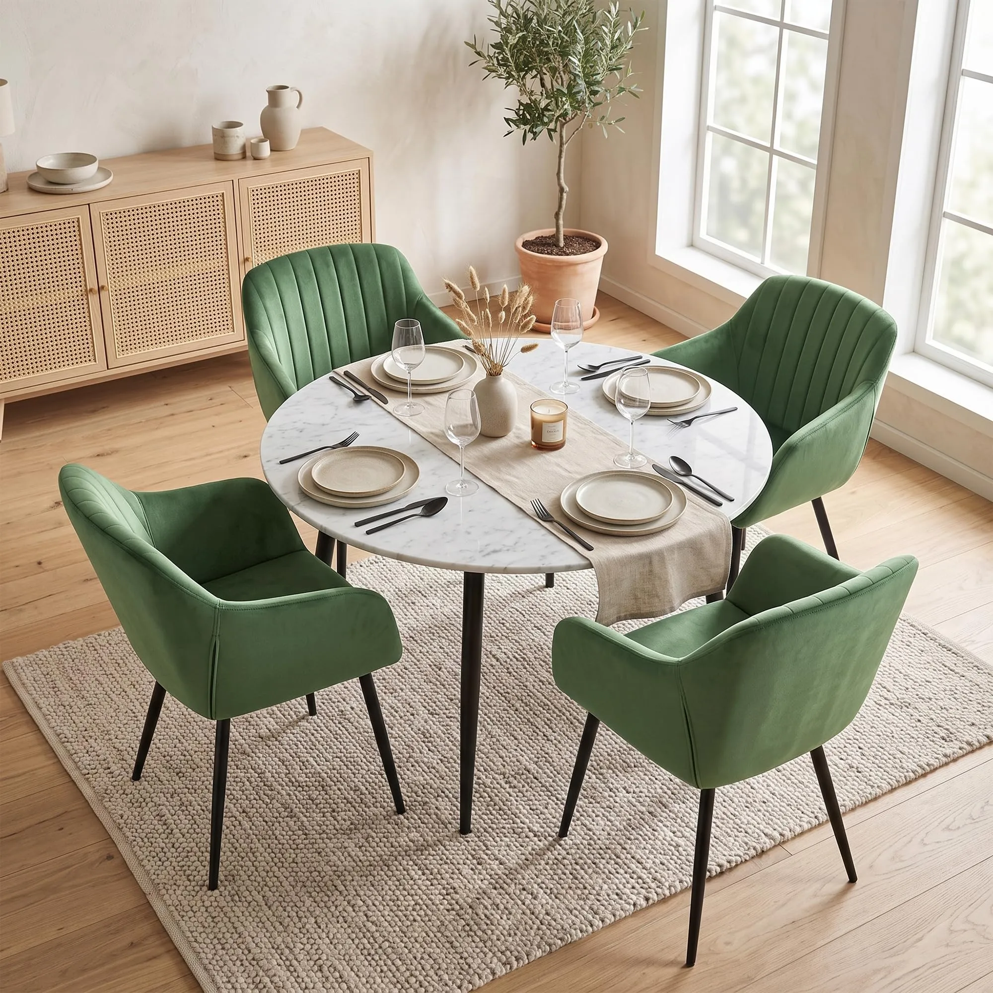 Goeurvant Set di 4 Sedie da Pranzo con Braccioli in Velluto, Gambe in Metallo, Verde Foresta - immagine 3