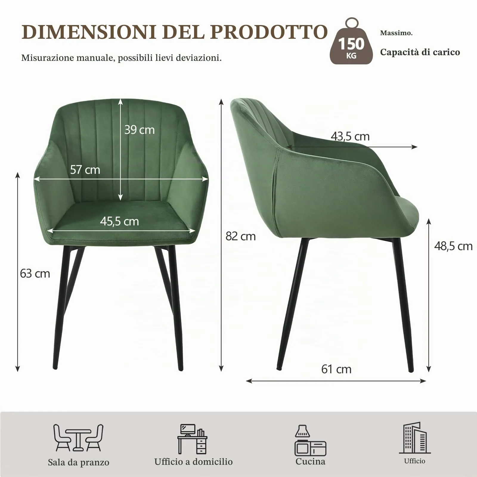 Goeurvant Set di 2 Sedie da Pranzo con Braccioli in Velluto, Gambe in Metallo, Verde Foresta - immagine 2
