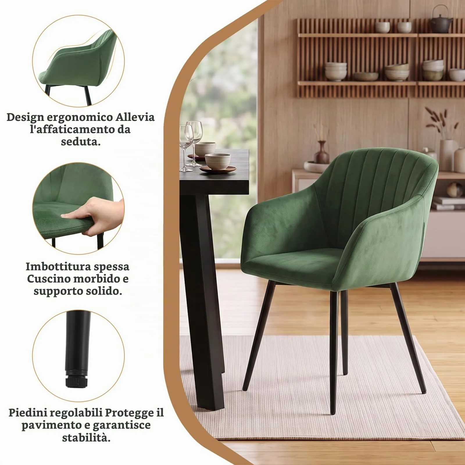 Goeurvant Set di 2 Sedie da Pranzo con Braccioli in Velluto, Gambe in Metallo, Verde Foresta - immagine 4
