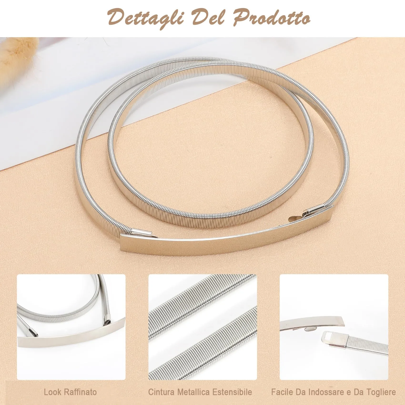 VONMELLI Cintura Sottile in Metallo Elastica per Donna, Regolabile, Argento, Taglia M - immagine 3
