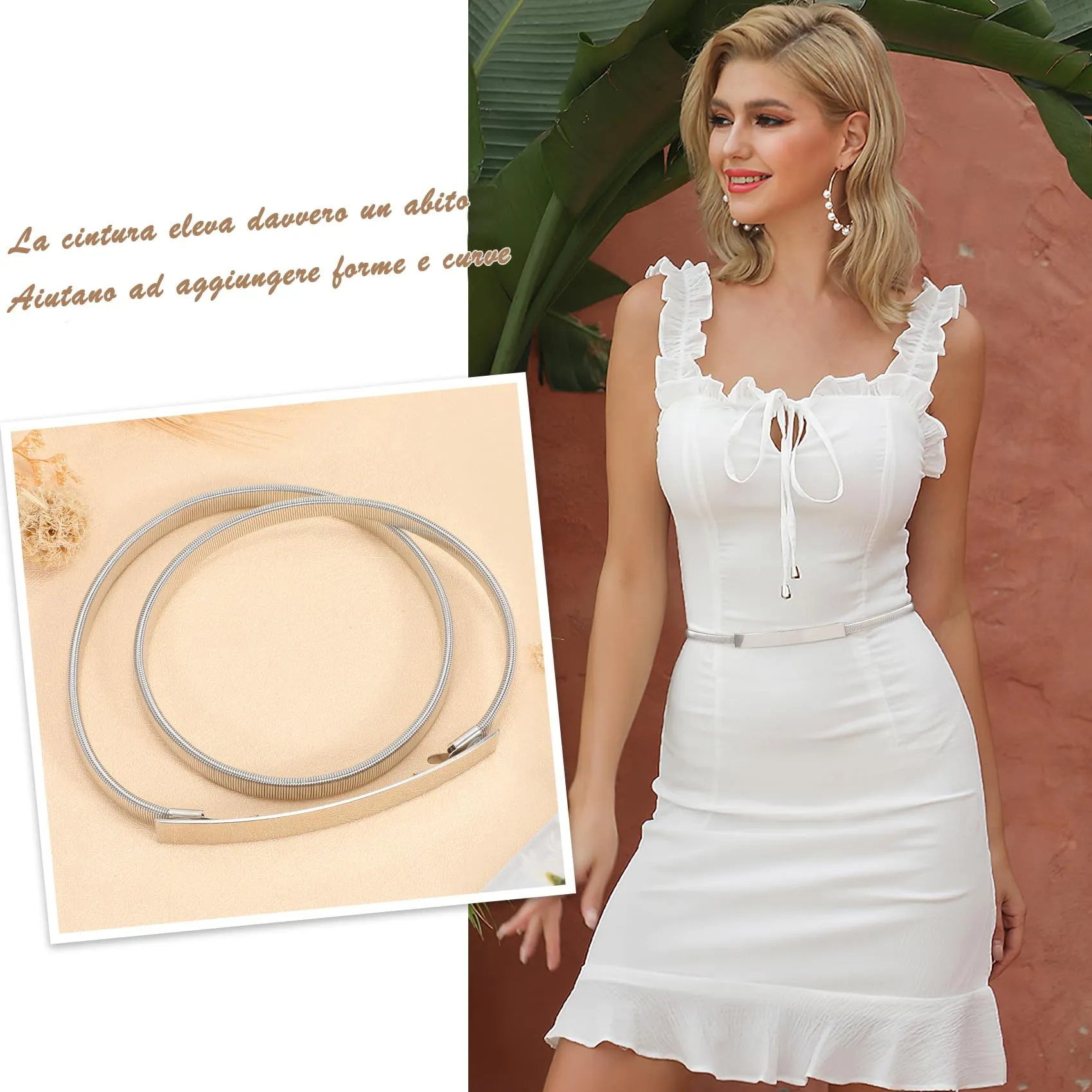 VONMELLI Cintura Sottile in Metallo Elastica per Donna, Regolabile, Argento, Taglia M - immagine 4