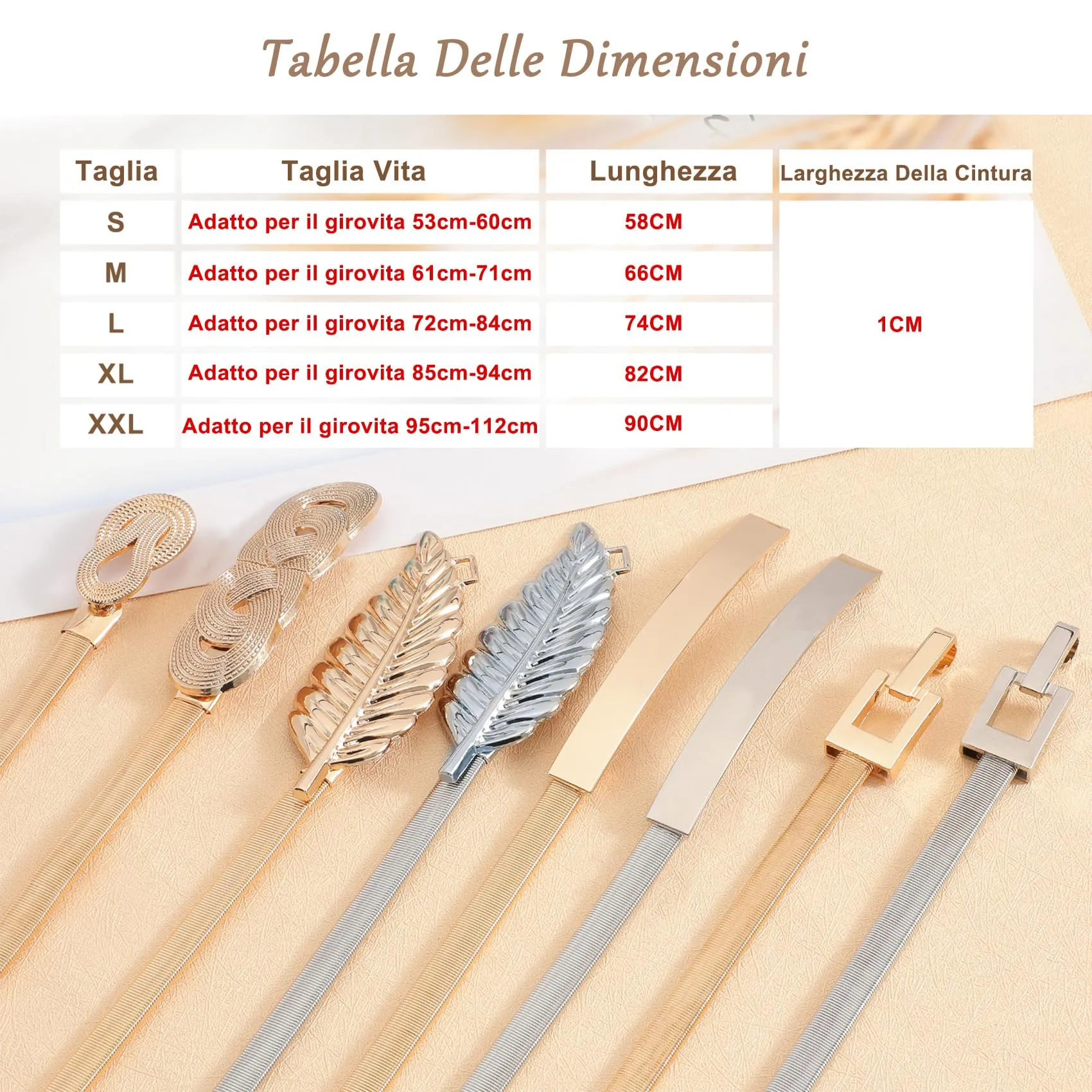 VONMELLI Cintura Sottile in Metallo Elastica per Donna, Regolabile, Argento, Taglia M - immagine 6