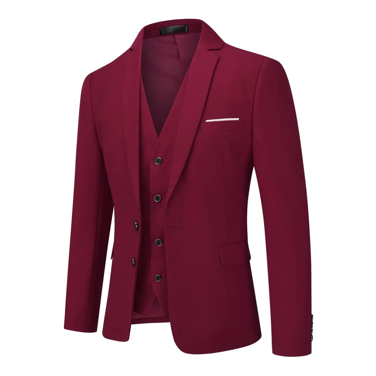 YOUTHUP Abito Uomo 3 Pezzi Slim Fit Blazer Gilet Pantaloni Vino Rosso 3XL - immagine 2