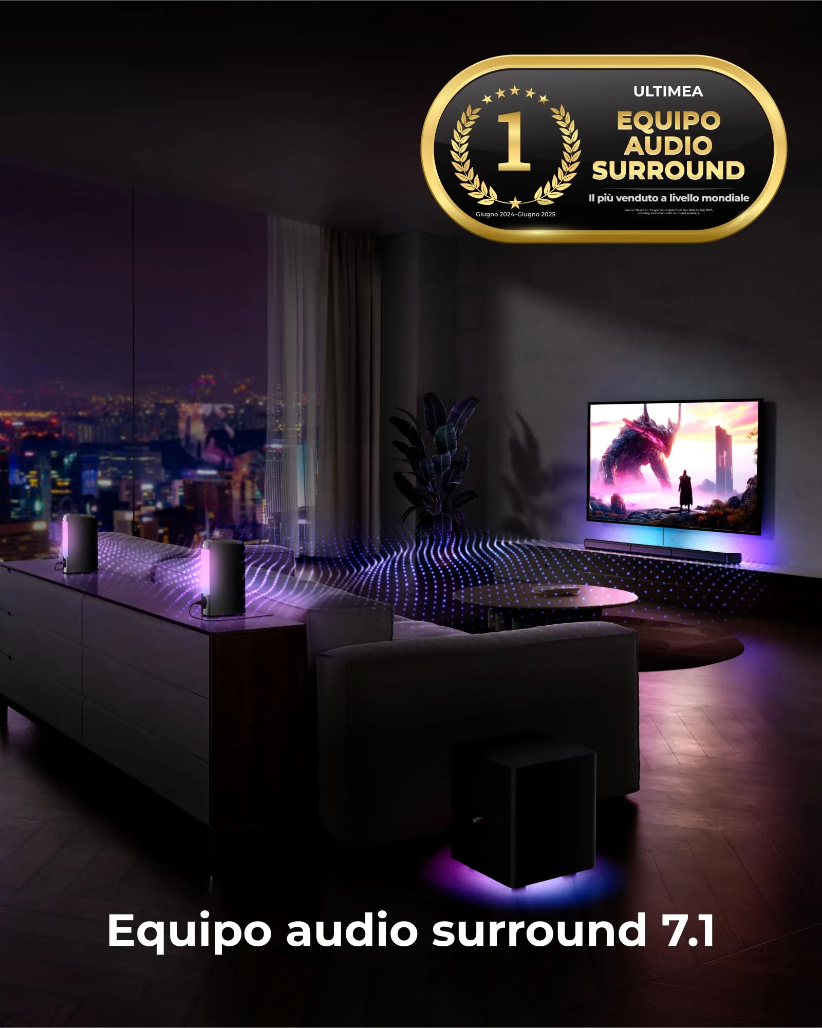 ULTIMEA Apollo S70 Ultra Soundbar Surround Virtuale 7.1ch, Subwoofer 6,5", 410W, Luci RGB, HDMI, App - immagine 2