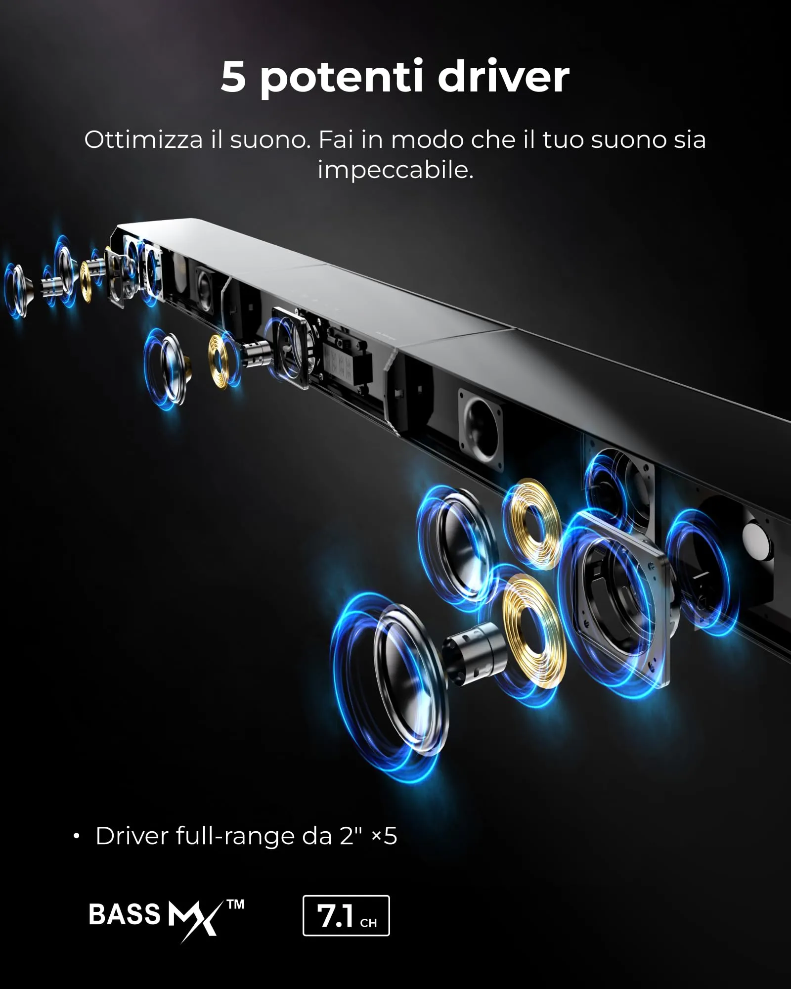 ULTIMEA Apollo S70 Ultra Soundbar Surround Virtuale 7.1ch, Subwoofer 6,5", 410W, Luci RGB, HDMI, App - immagine 7