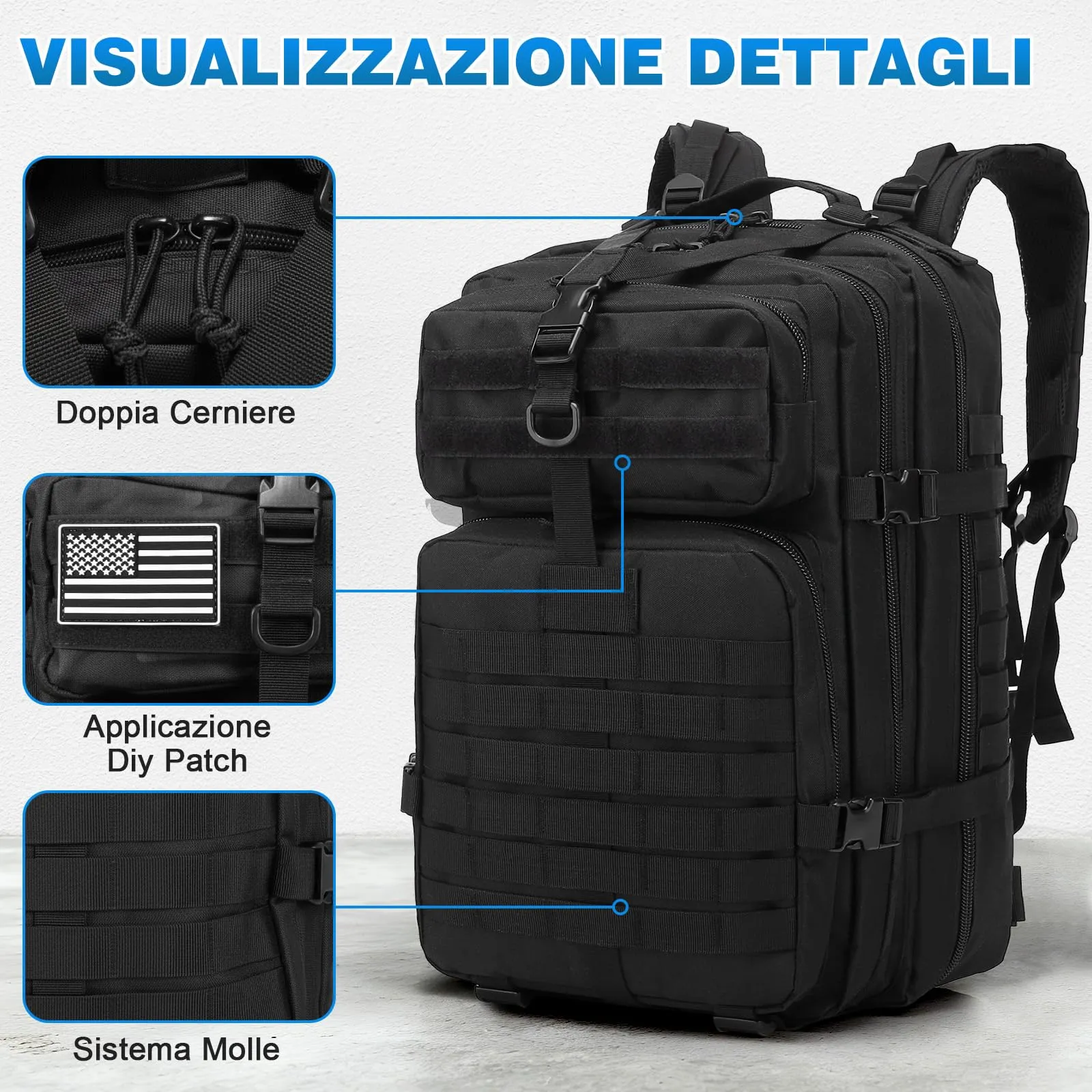SHANNA Zaino Tattico Militare 45 Litri Impermeabile con Sistema Molle per Hiking, Campeggio e Trekking - immagine 2