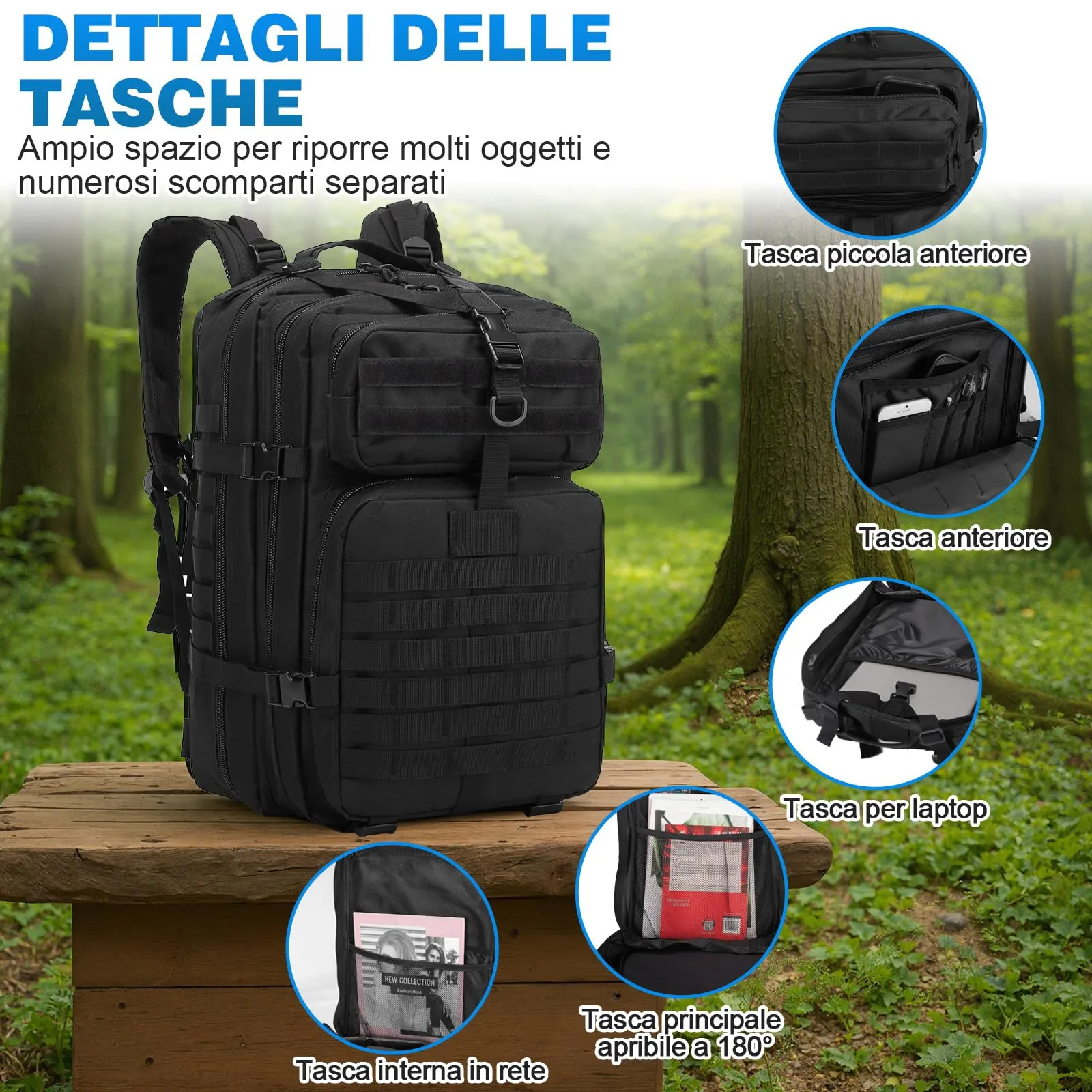 SHANNA Zaino Tattico Militare 45 Litri Impermeabile con Sistema Molle per Hiking, Campeggio e Trekking - immagine 3