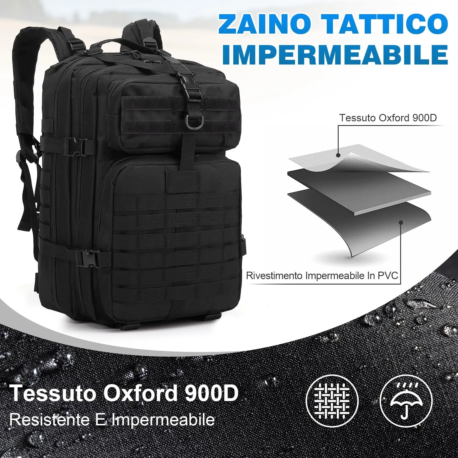 SHANNA Zaino Tattico Militare 45 Litri Impermeabile con Sistema Molle per Hiking, Campeggio e Trekking - immagine 6