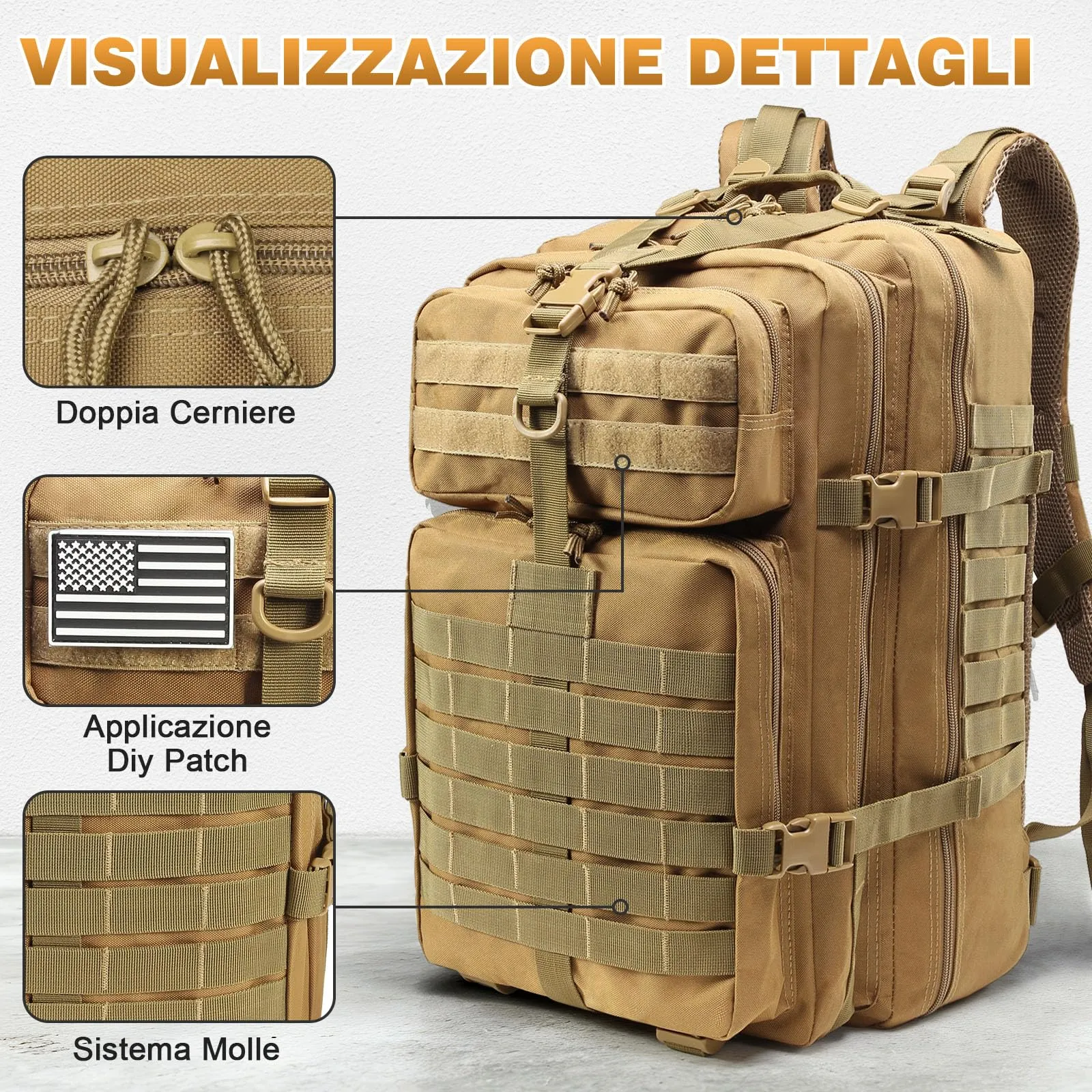 SHANNA Zaino Tattico Militare 45L Impermeabile con Sistema Molle per Hiking, Campeggio e Trekking - immagine 2