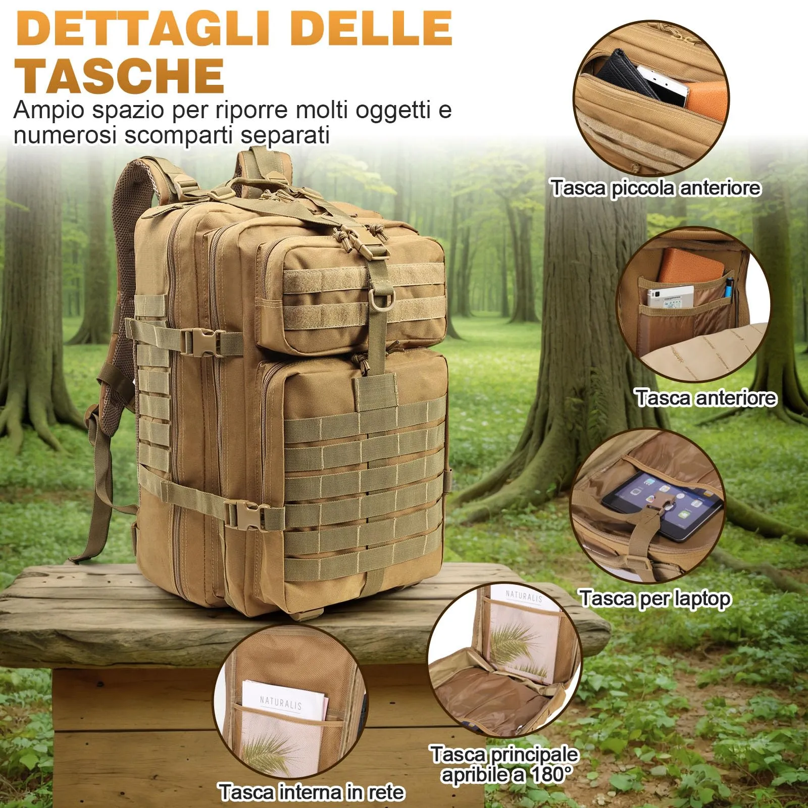 SHANNA Zaino Tattico Militare 45L Impermeabile con Sistema Molle per Hiking, Campeggio e Trekking - immagine 3