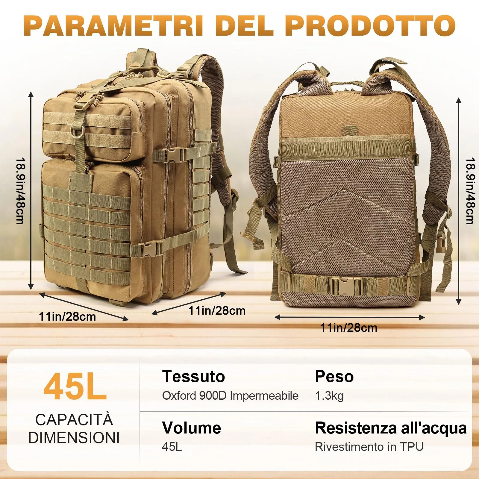 SHANNA Zaino Tattico Militare 45L Impermeabile con Sistema Molle per Hiking, Campeggio e Trekking - immagine 5